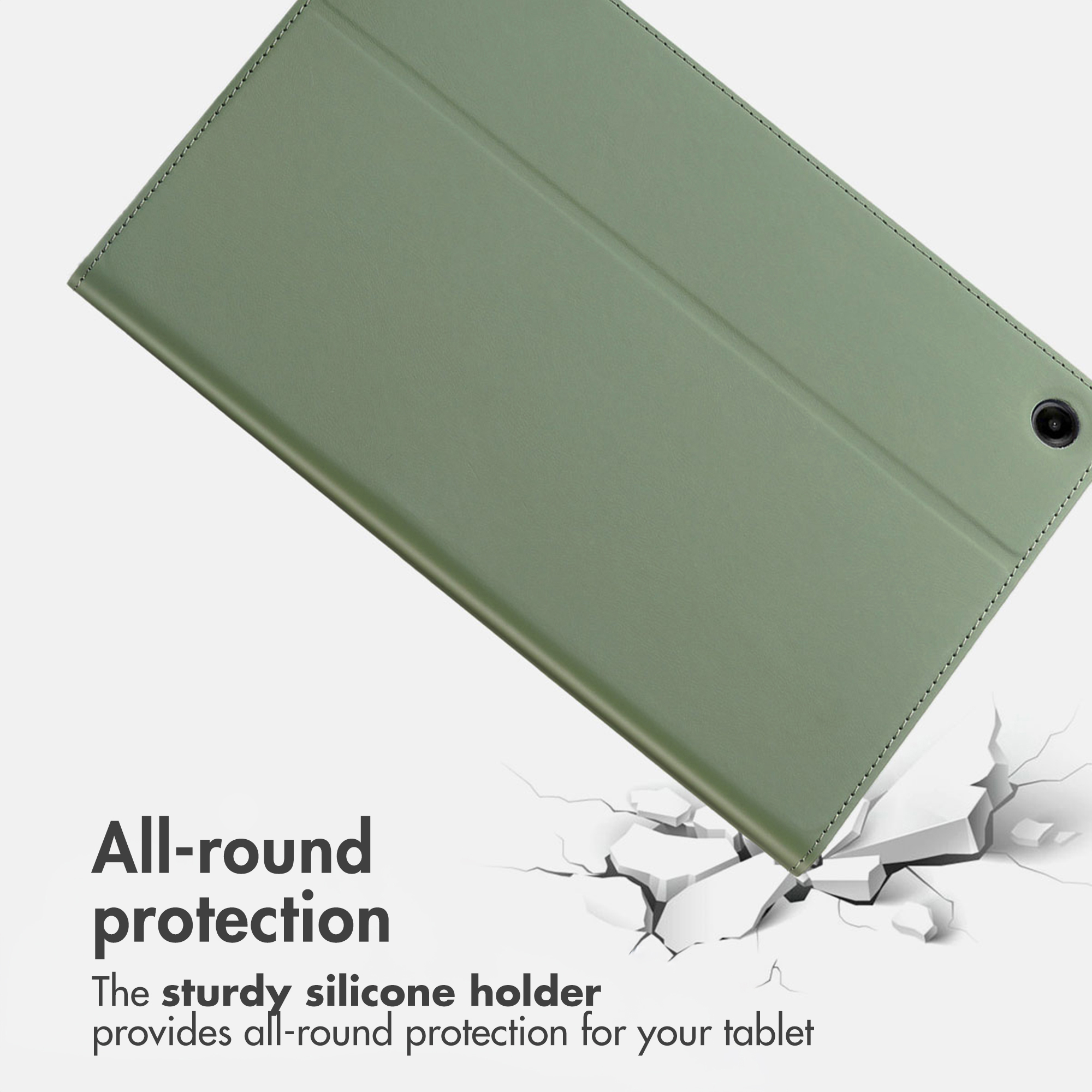 Green tablet case on a cracked surface with text about all-round protection.