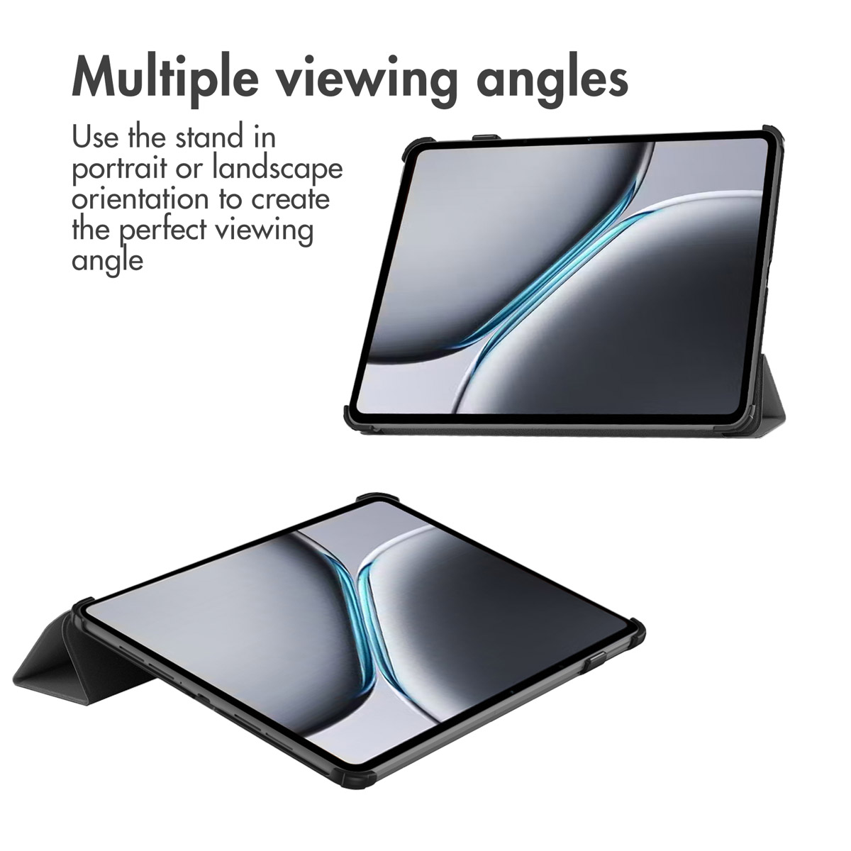 Two tablets in black cases shown in landscape and tilted viewing angles, with text on the left.