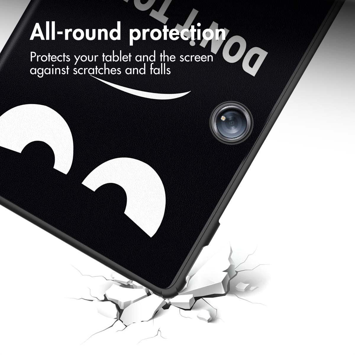 Black tablet case with text and eyes, resting on a breaking white surface.