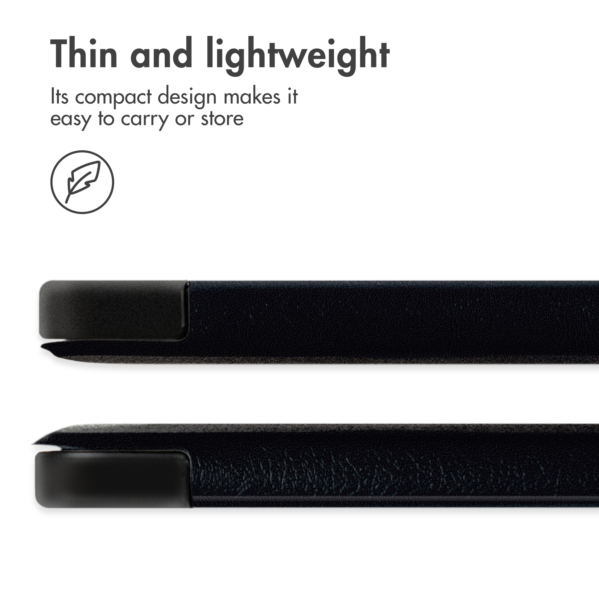 Tekst Thin and lightweight met veericoon en twee platte zwarte designelementen.
