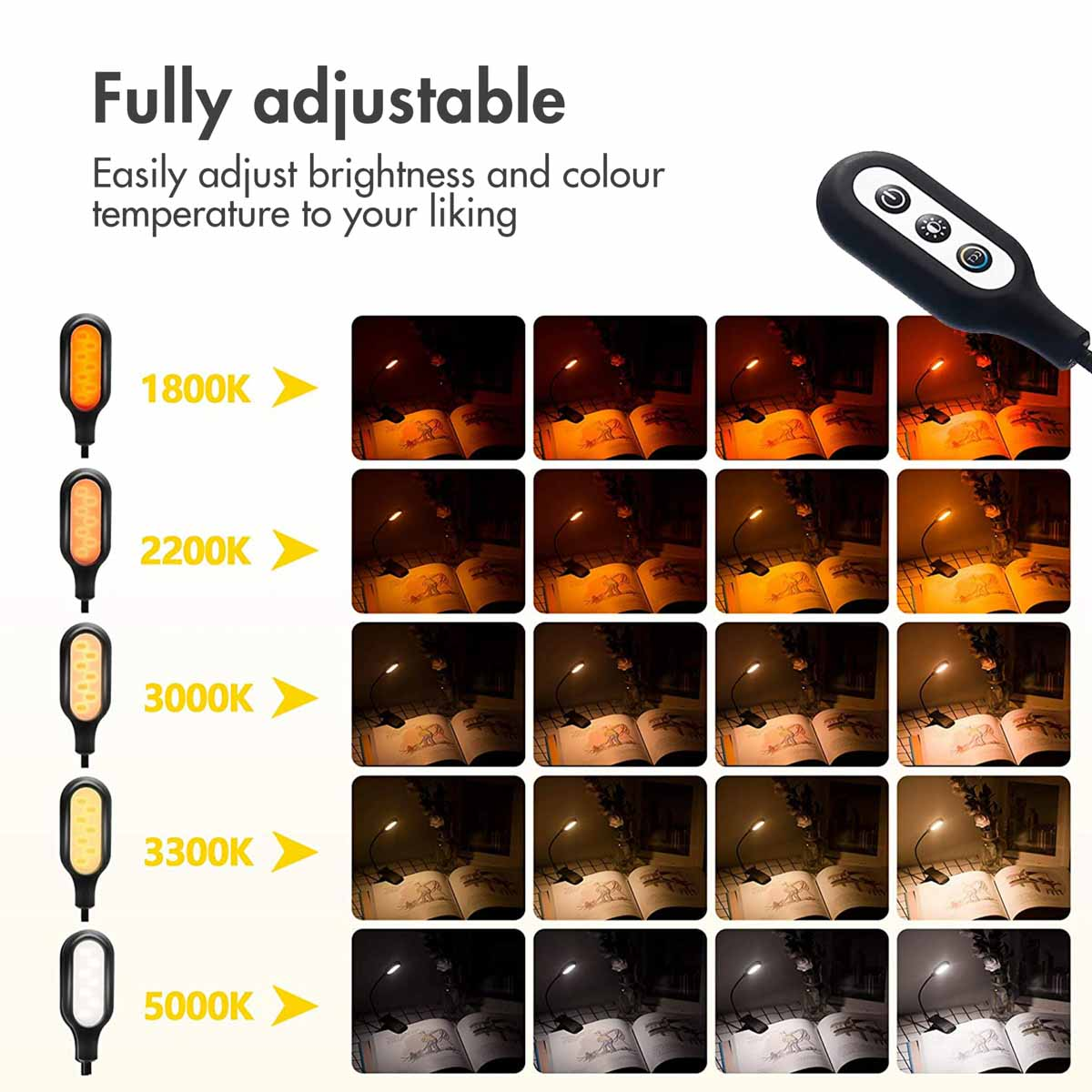 Eine verstellbare Leselampe zeigt verschiedene Farbtemperaturen von 1800K bis 5000K, die ein Buch beleuchten.