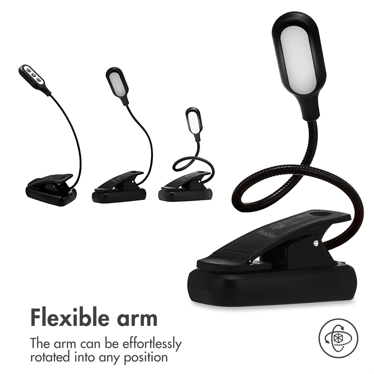 Vier schwarze Klemm-Leselampen mit flexiblen Armen in verschiedenen Positionen, darunter Text Flexible arm.