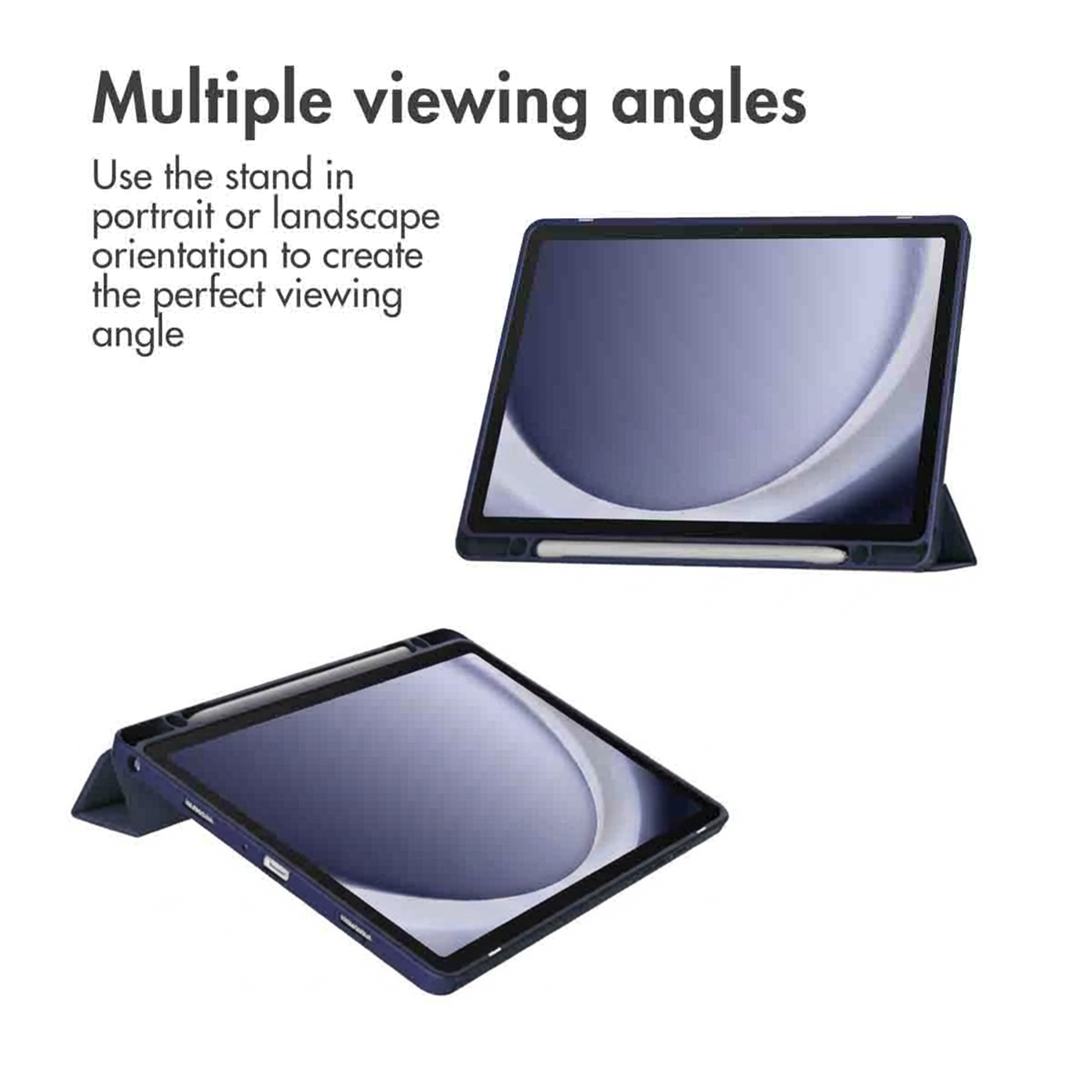 Een tablet in een donkerblauwe standhoes in twee hoeken, met tekst over meerdere hoeken.