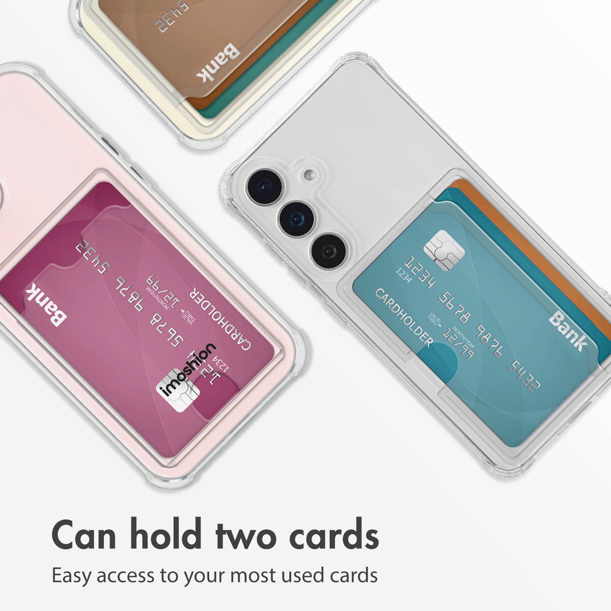 Tres teléfonos inteligentes en fundas protectoras transparentes y rosas con tarjetas de crédito, sobre fondo blanco.