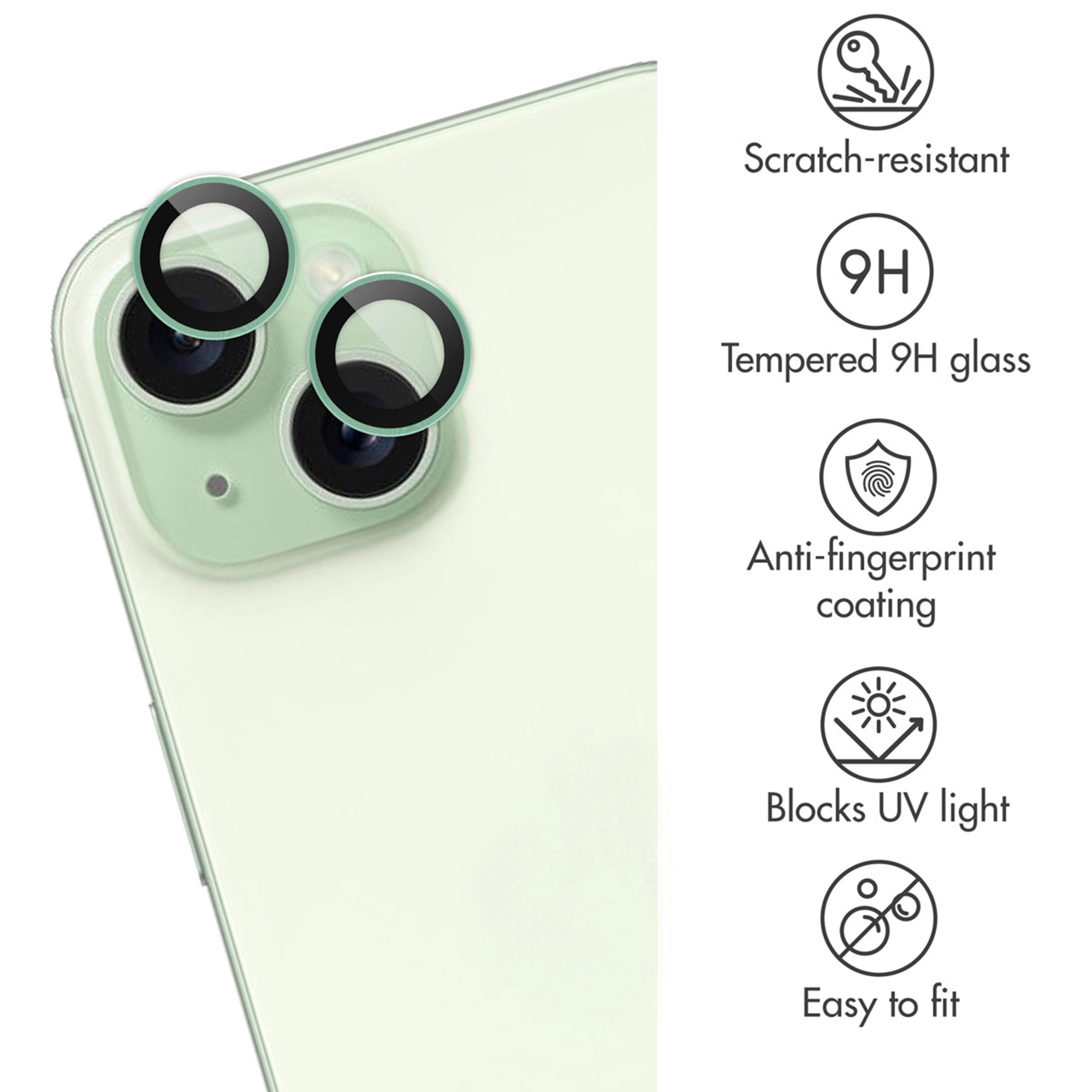 Groene smartphone met cameralensbeschermers en functiepictogrammen voor krasbestendigheid en 9H glas.