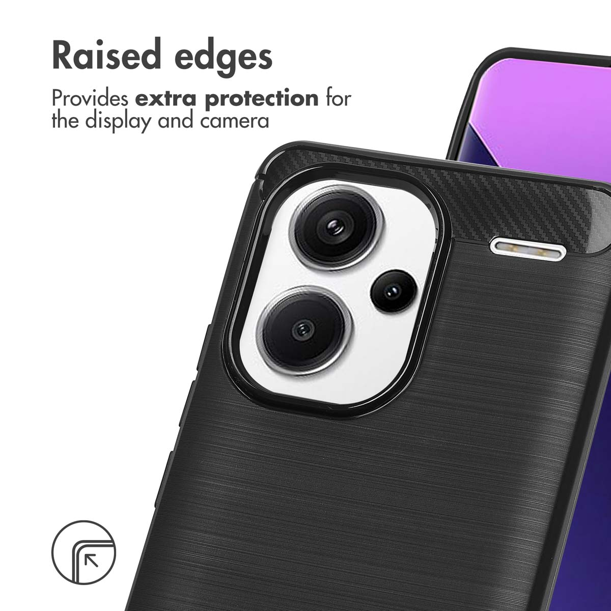 Los bordes elevados ofrecen protección adicional para la pantalla y la cámara de una funda negra.