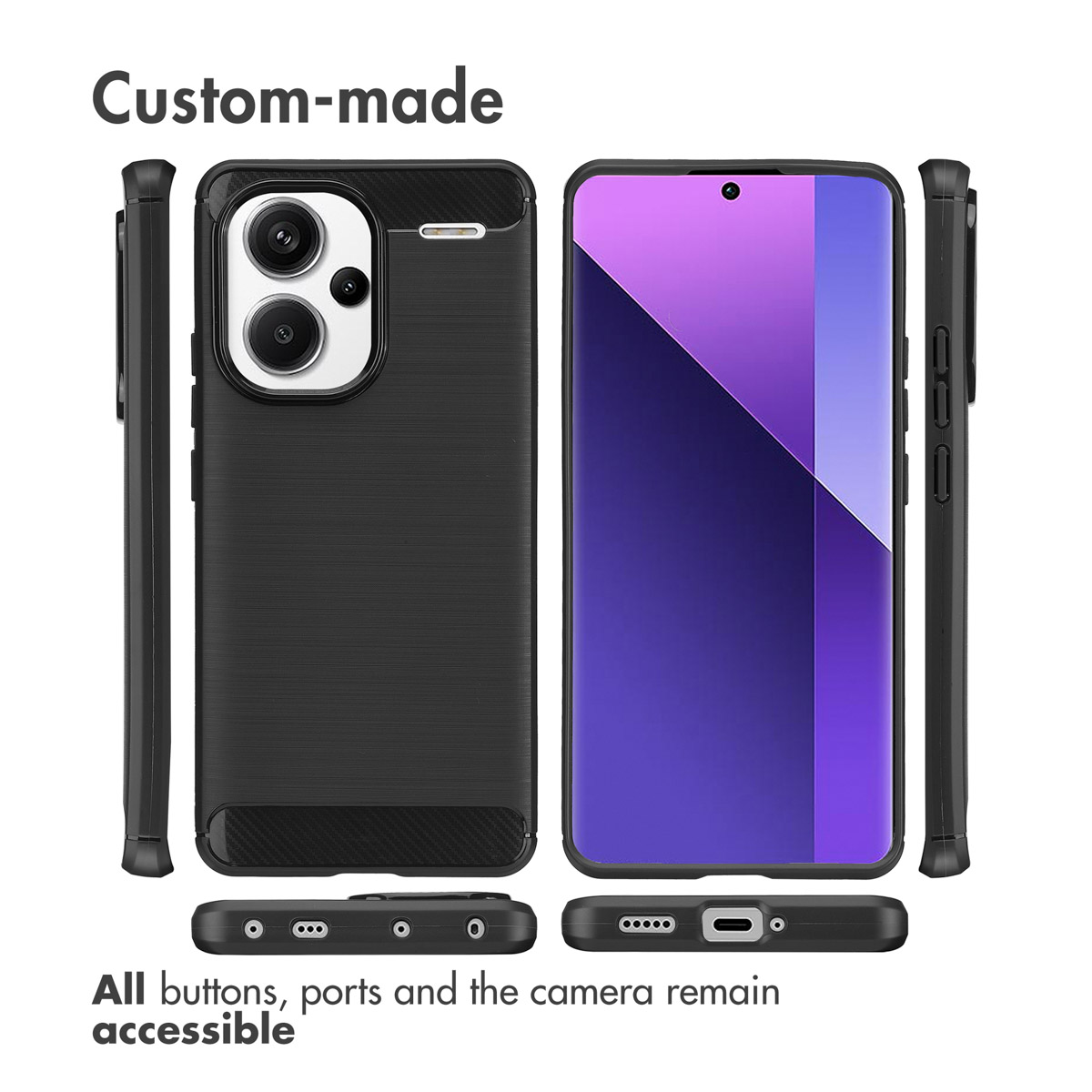 Múltiples vistas de una funda de smartphone negra hecha a medida con botones y puertos accesibles.