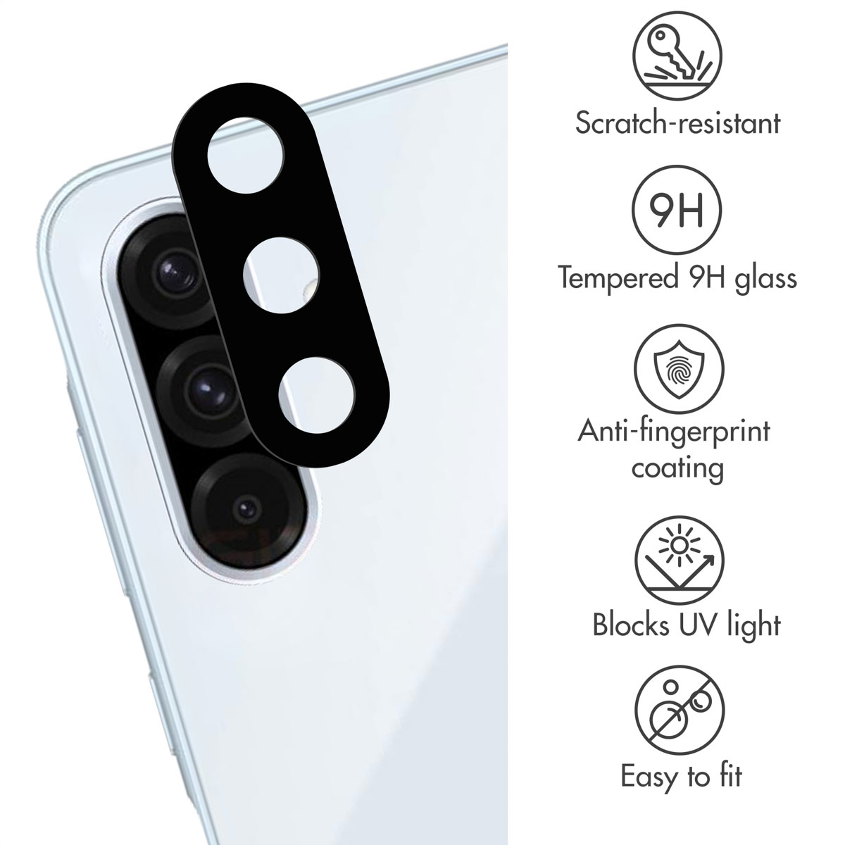 Fotocamera per smartphone con vetro protettivo e icone per antigraffio, 9H, anti-impronta, blocco UV e facile applicazione.