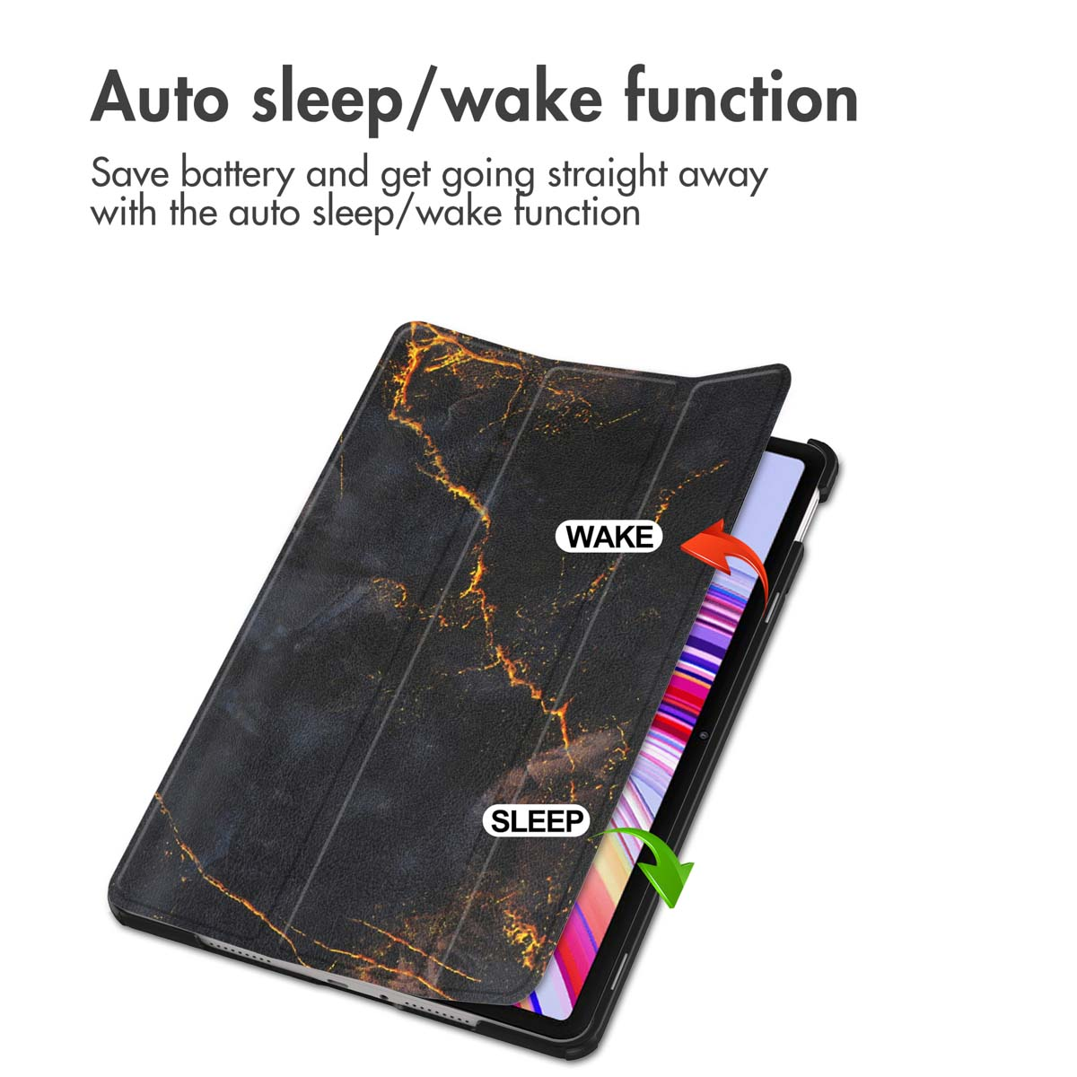 Tablet met zwarte marmeren hoes met automatische slaap- en waakfunctie.