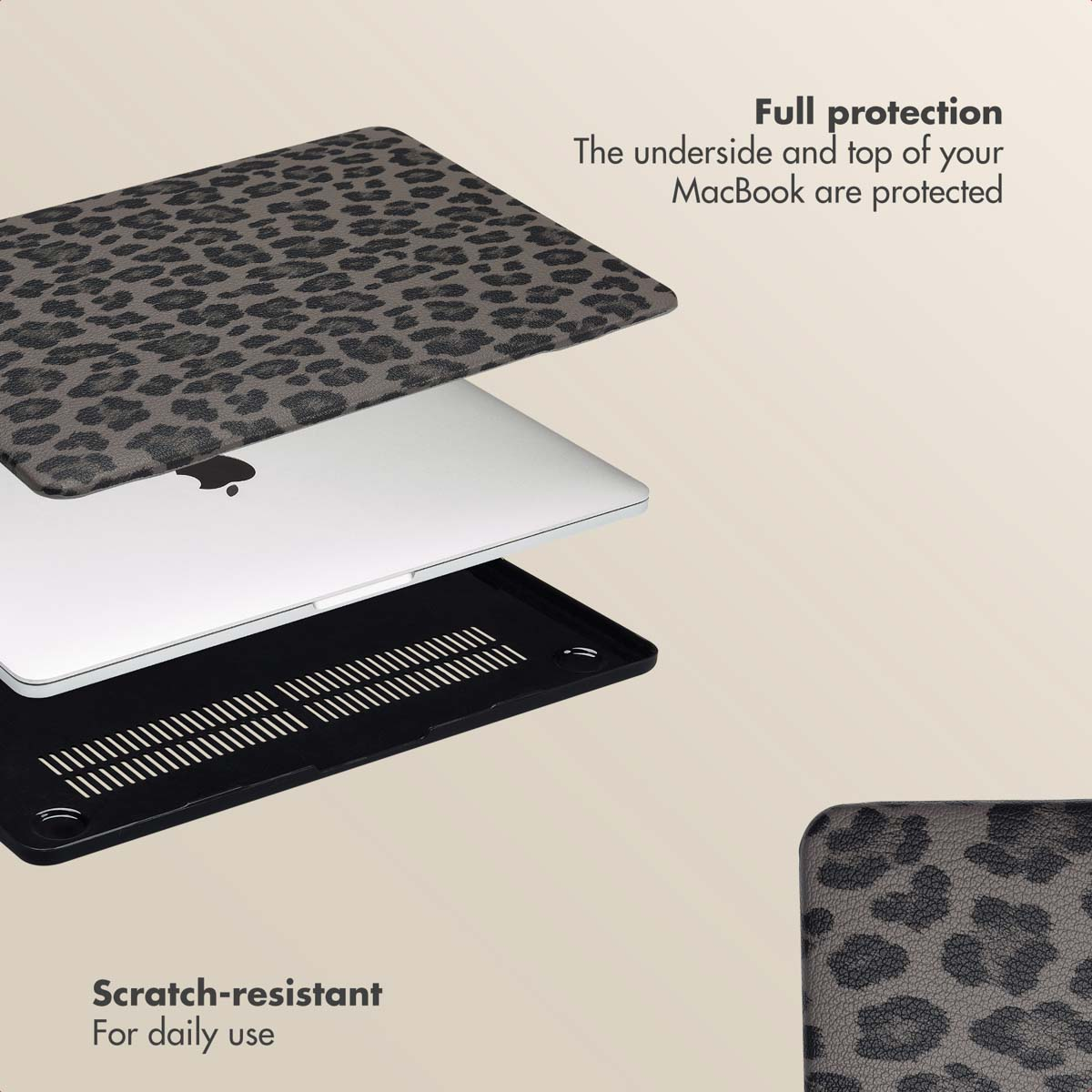Vista explosionada de un MacBook con cubierta de leopardo gris y carcasa inferior negra sobre fondo beige.