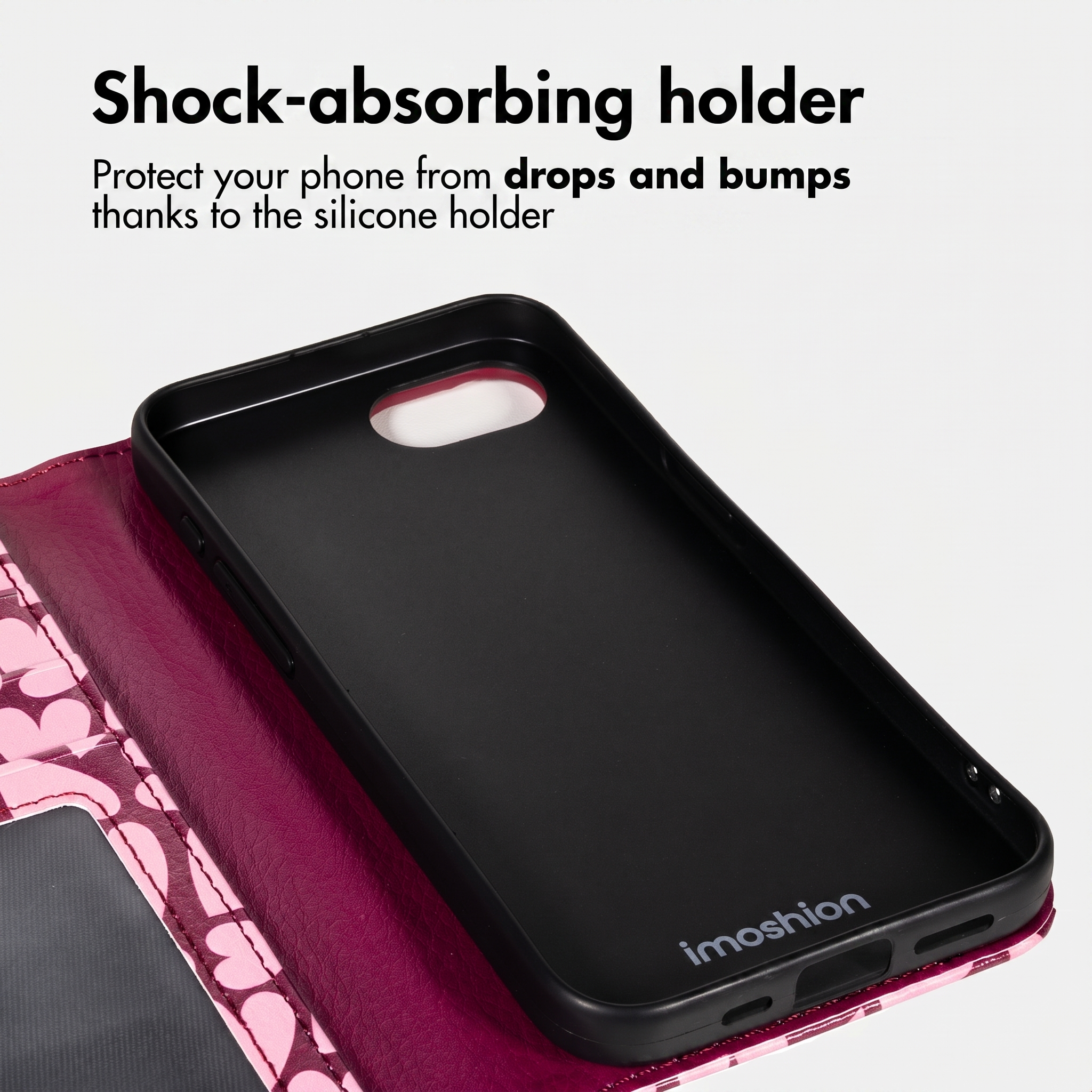Custodia a portafoglio rosa per cellulare con supporto in silicone nero.