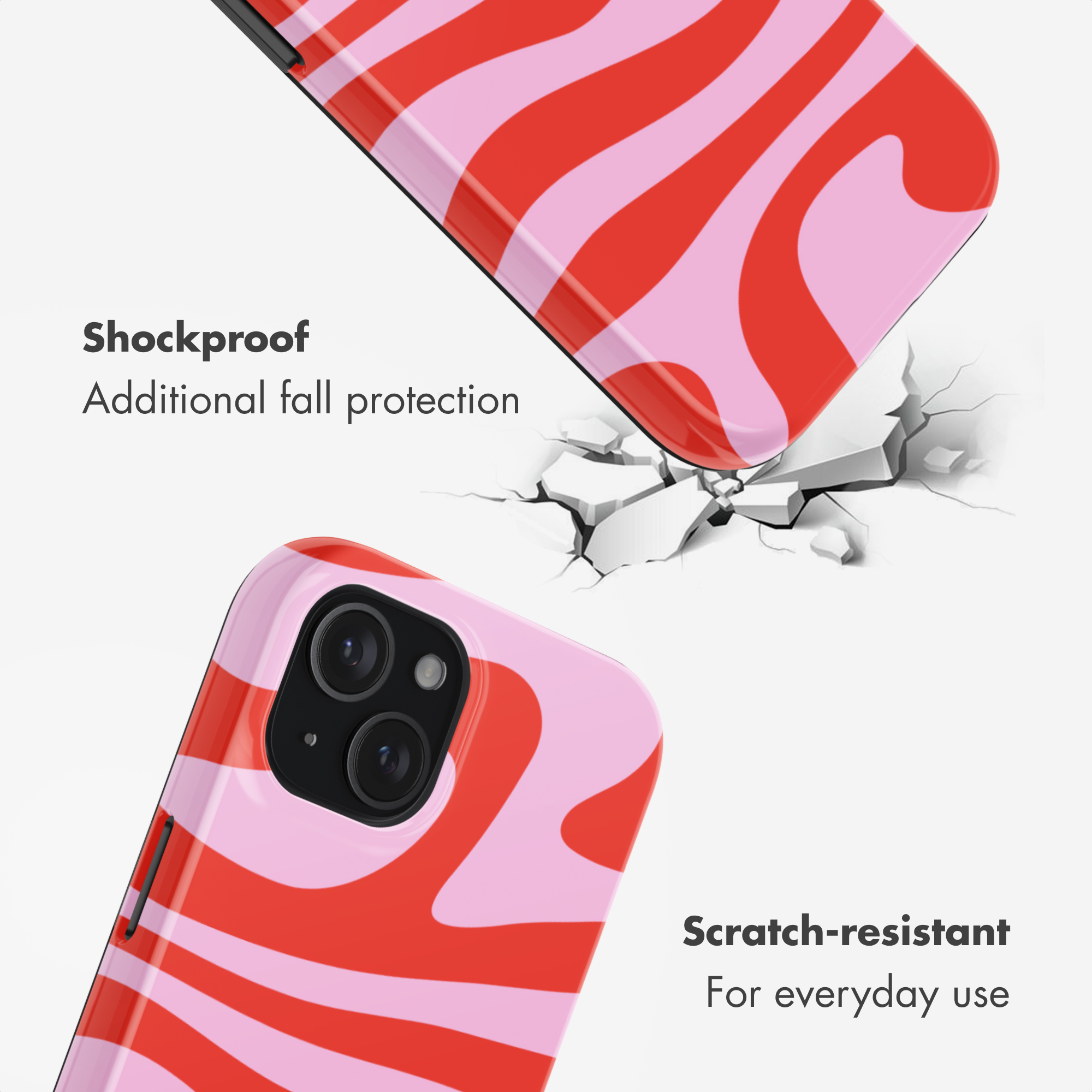 Telefoonhoesje met rood en roze wervelpatroon, schokbestendig en krasbestendig.
