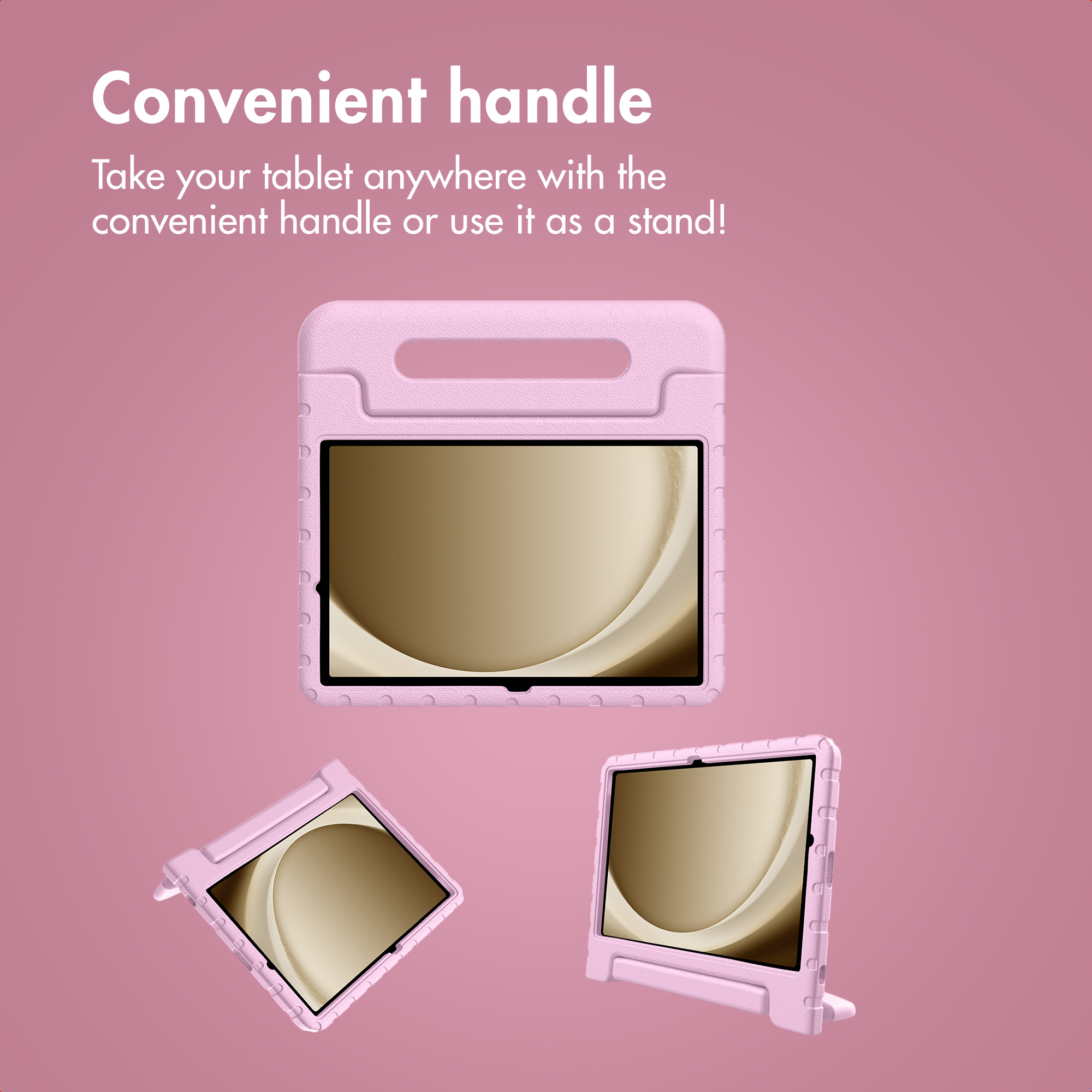 Roze tablethoes met handig handvat en standfunctie.