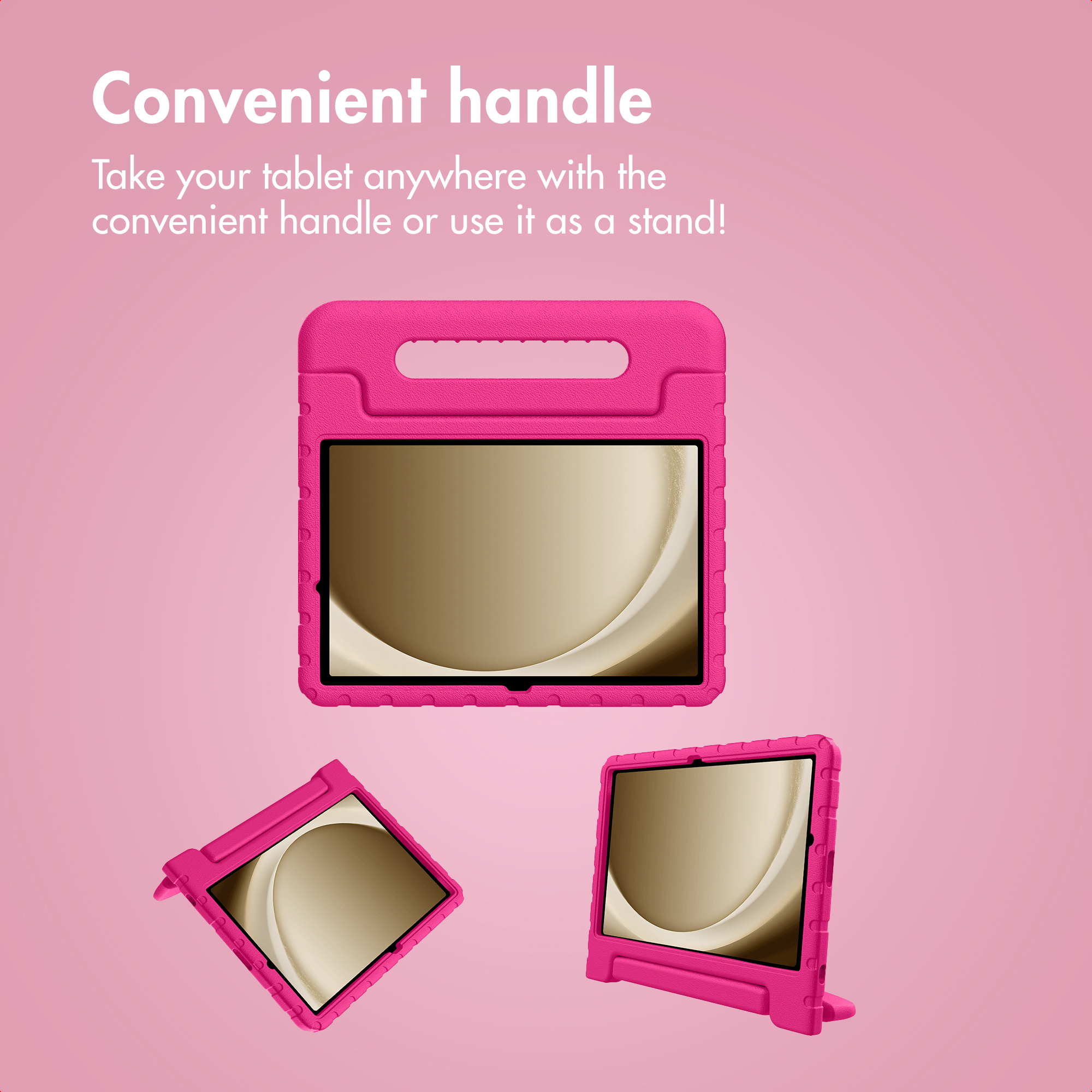 Pink tablet case with built-in handle and stand feature on pink background with text.