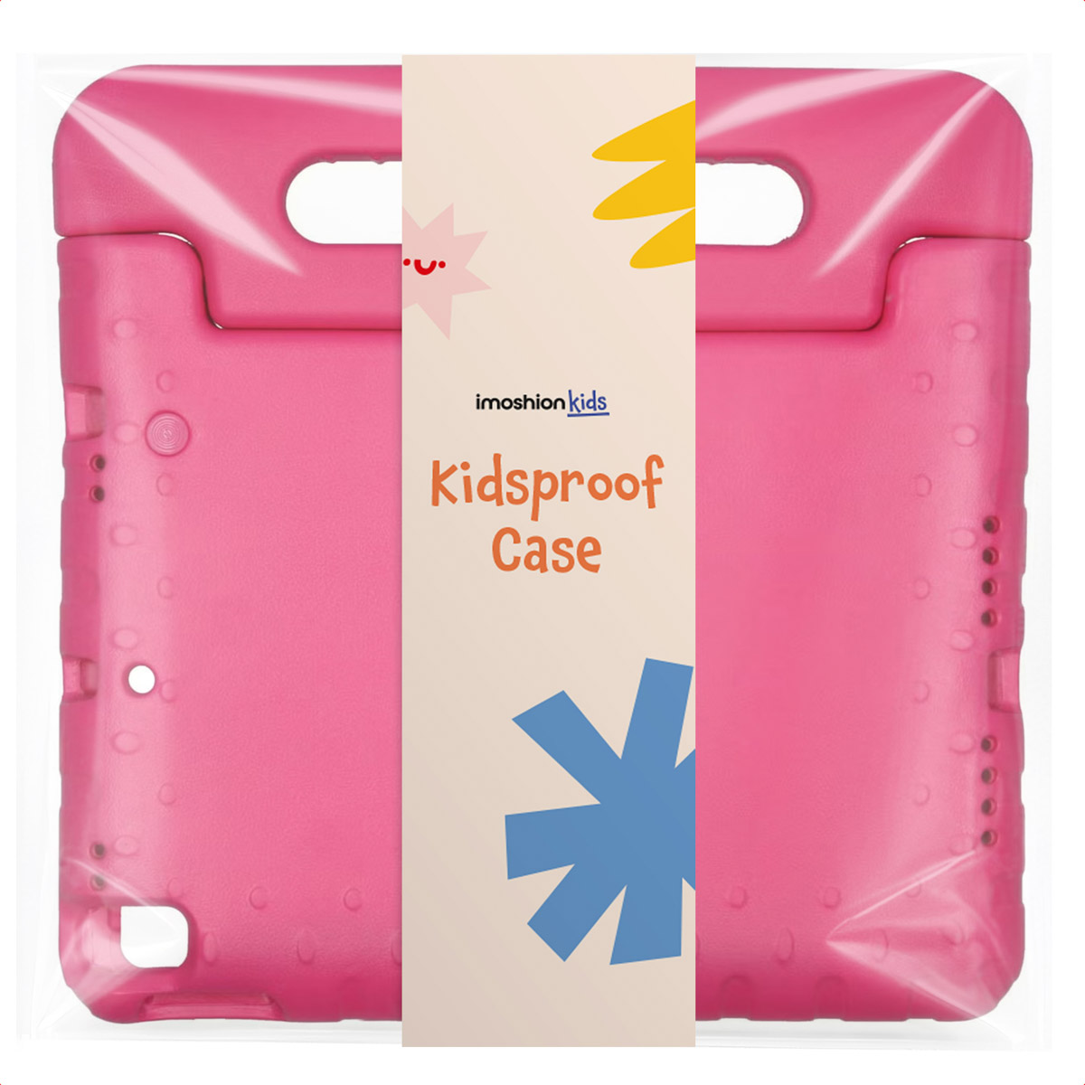 Custodia per tablet rosa a prova di bambini con maniglie, nella confezione originale.