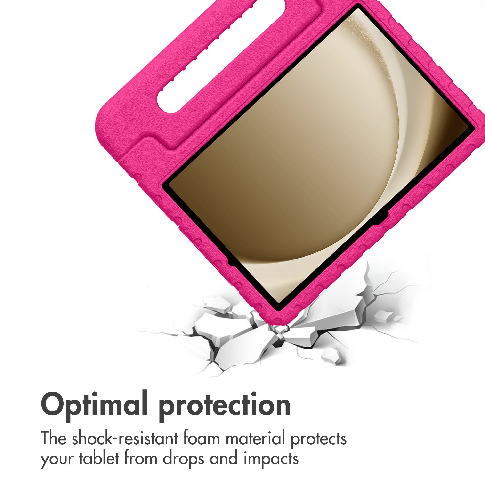 A pink shock-resistant foam tablet case hovers over a cracked surface, with text stating optimal protection.
