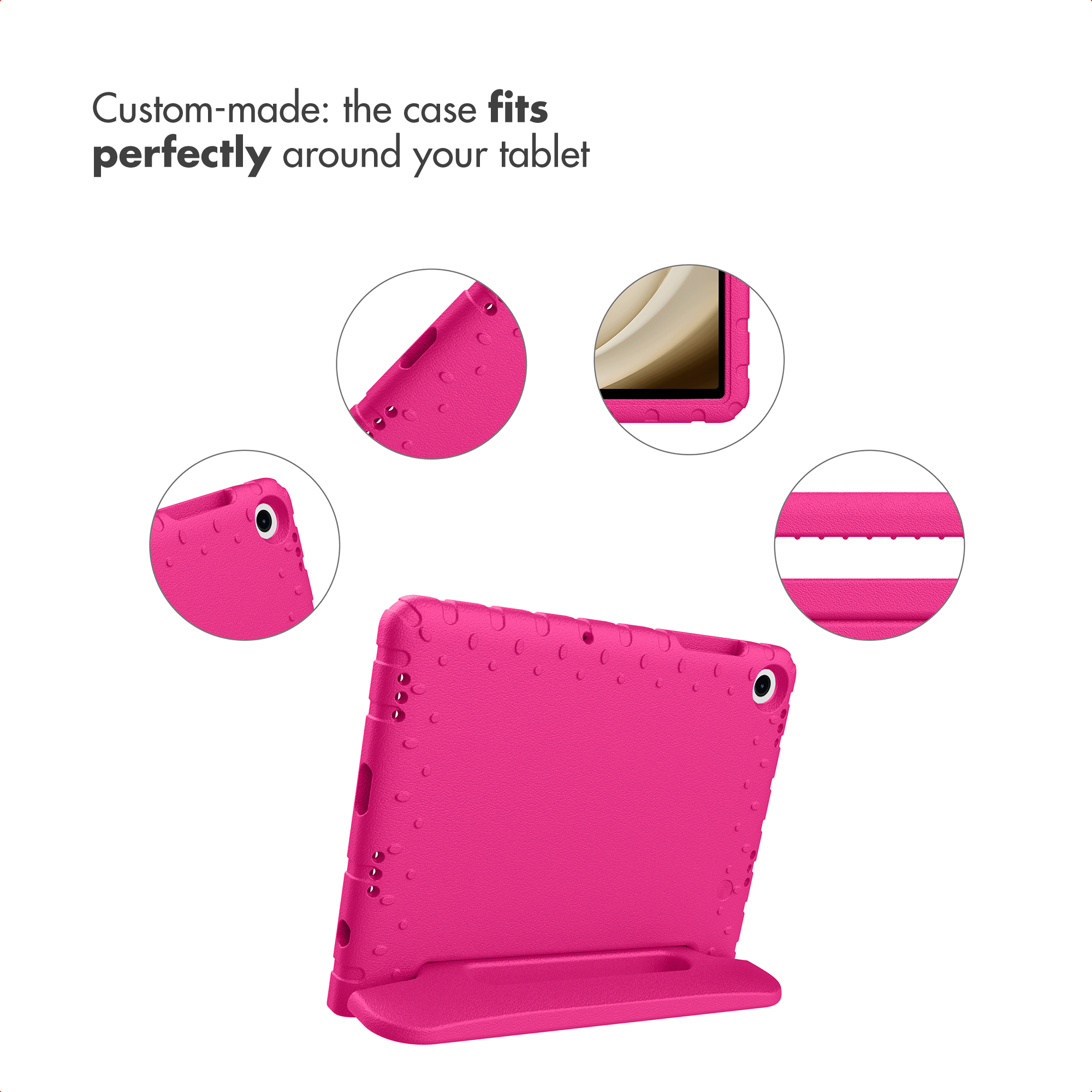 Pink custom-made tablet case with four circular close-up details and English text at the top.