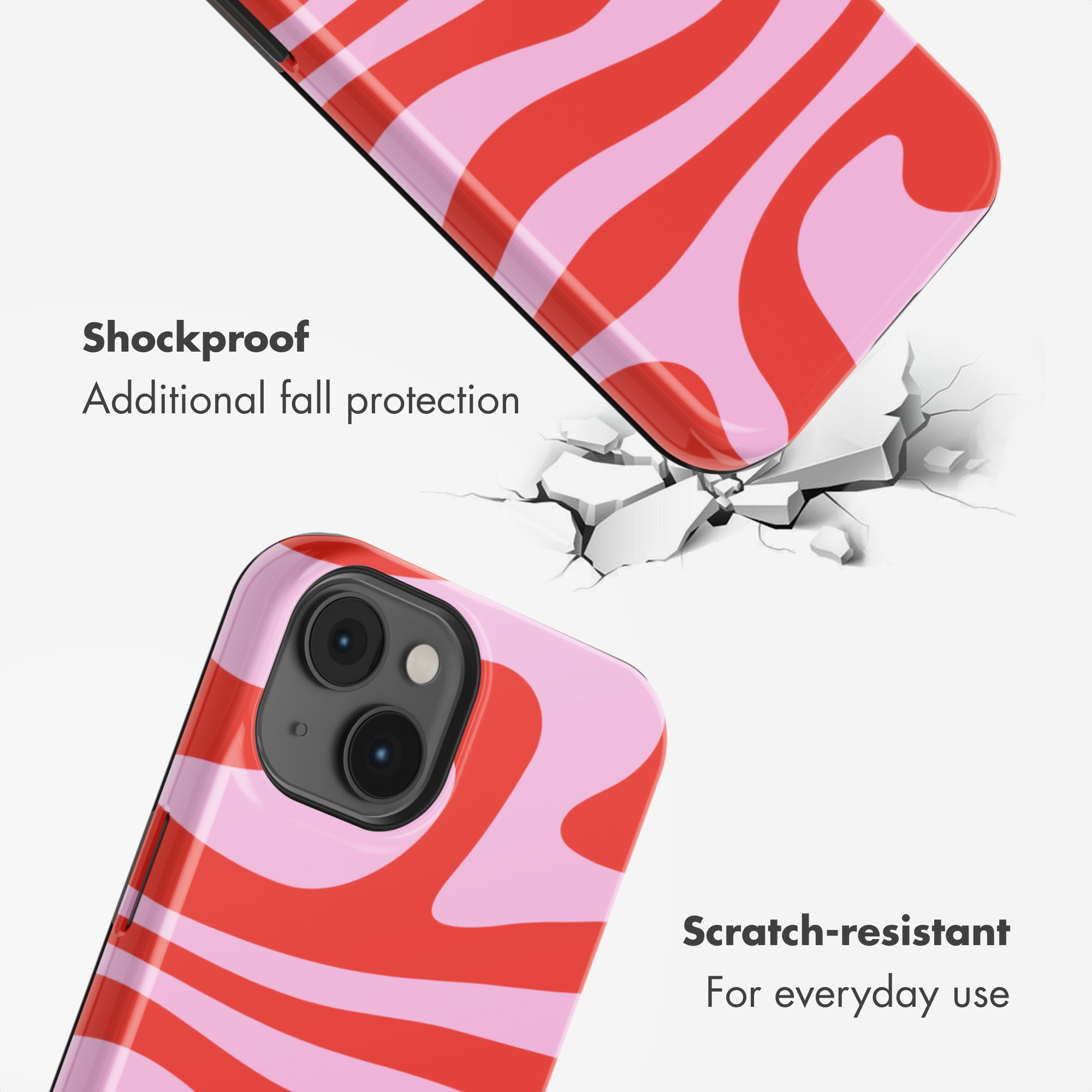 Funda de teléfono roja y rosa con cámara y texto sobre protección contra caídas.