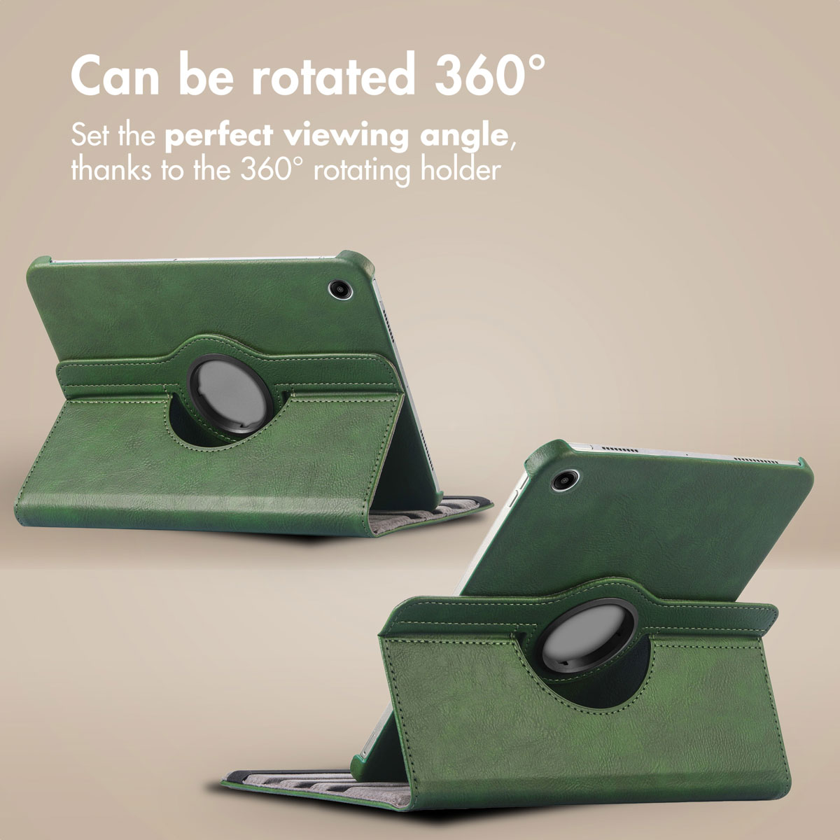 Two green leather tablet cases with rotating stands stand on a beige background with text.