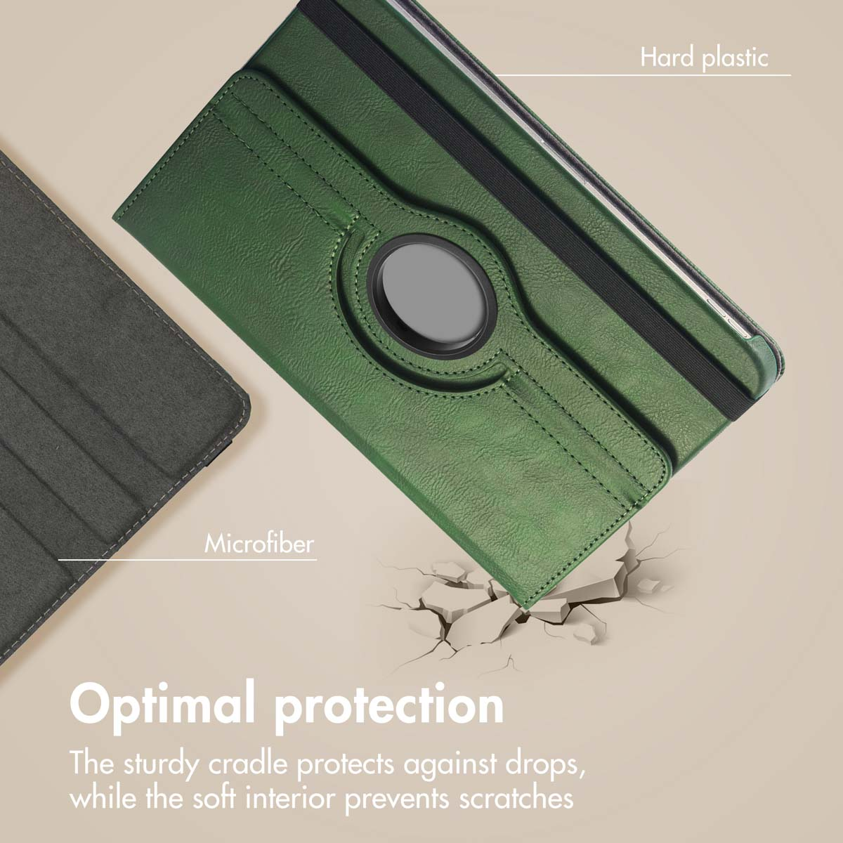 Green leather tablet case with hard plastic and microfiber, showing optimal protection text.