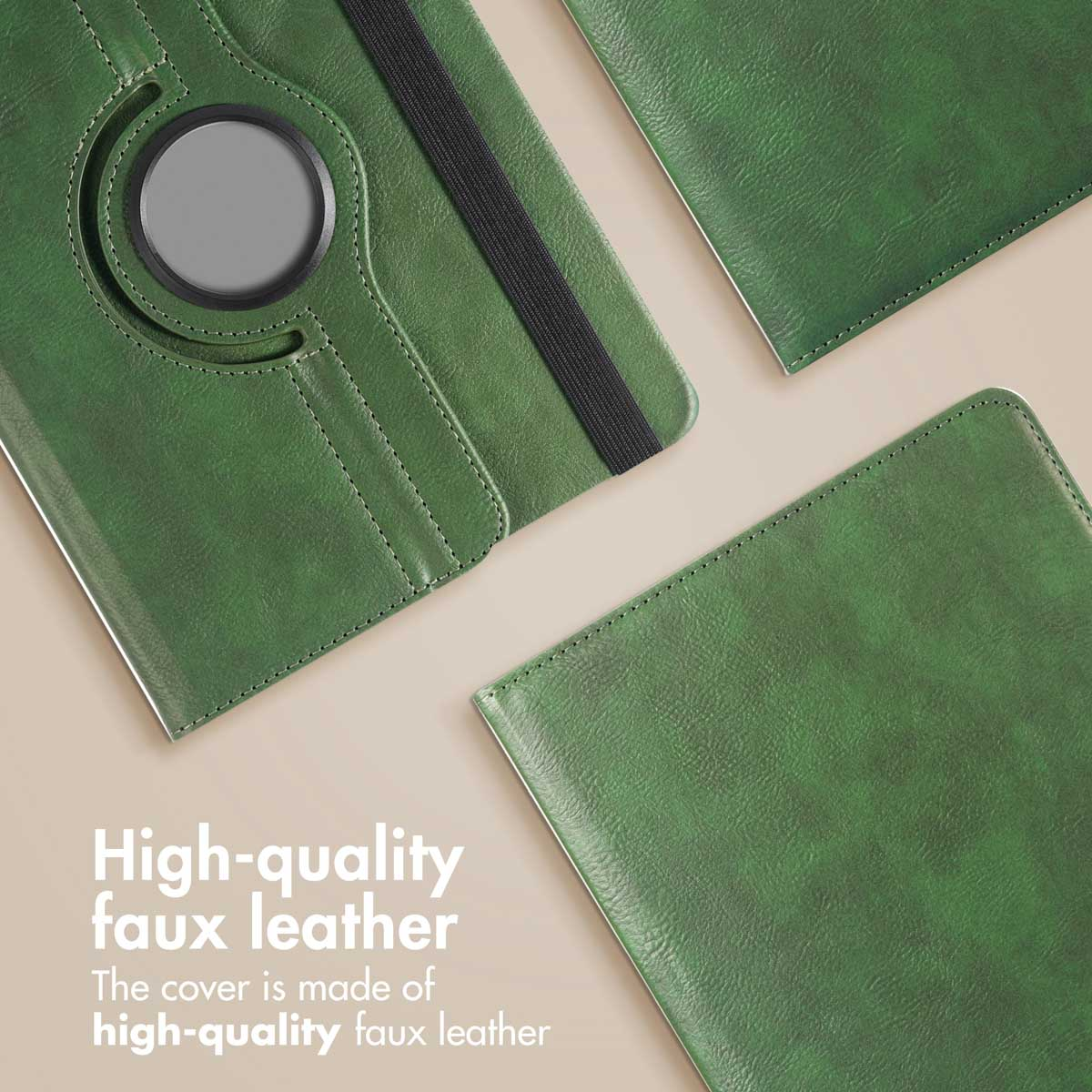 Three green faux leather tablet covers on a light background with text.