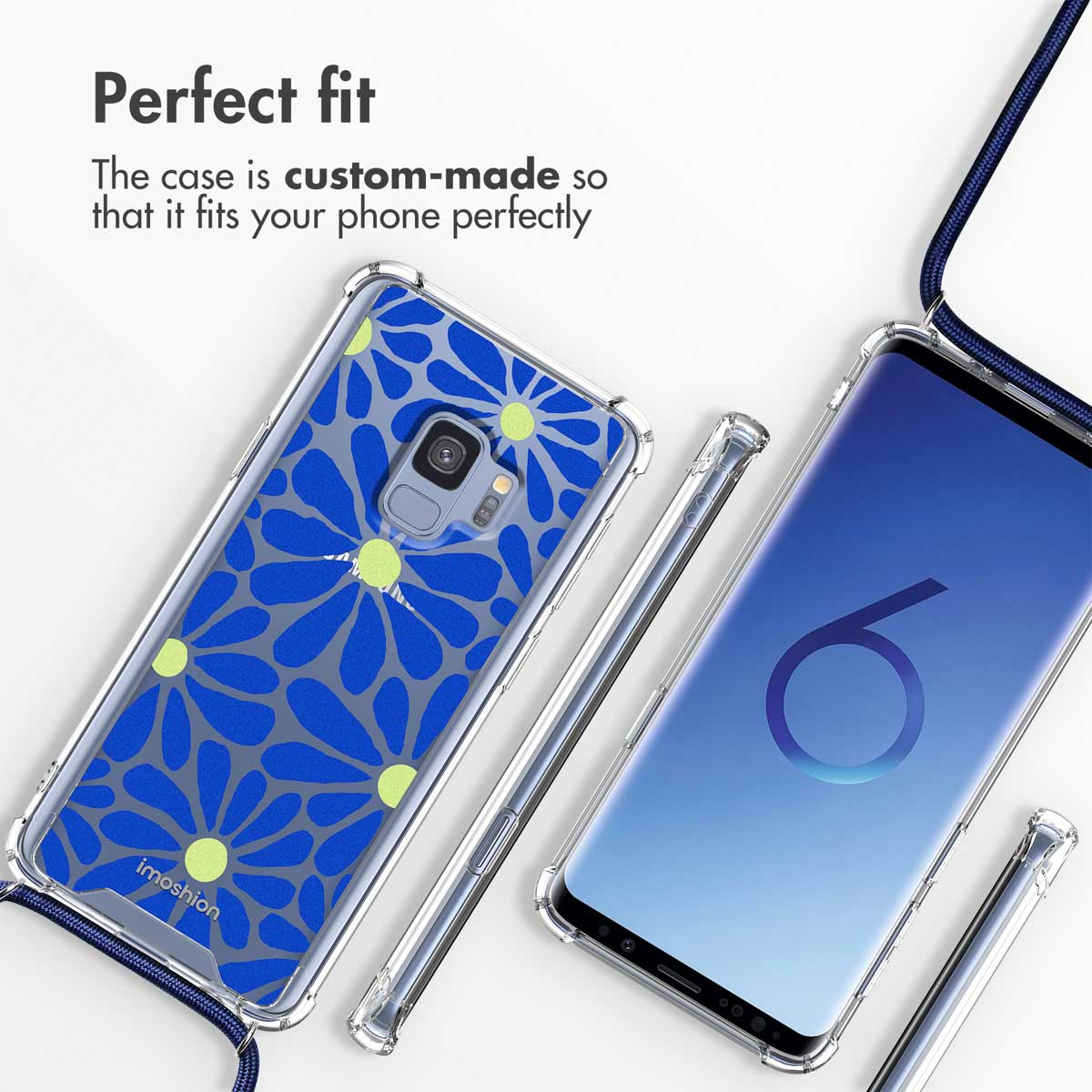 Coque transparente pour smartphone avec motif floral bleu et lanière, ajustement sur mesure.