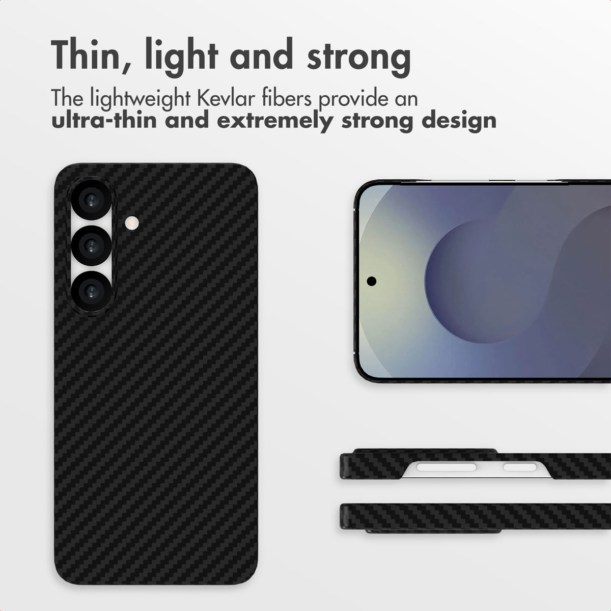 Smartphone en coque fibre de carbone montrant dos, face et côtés avec texte sur son design fin et résistant.