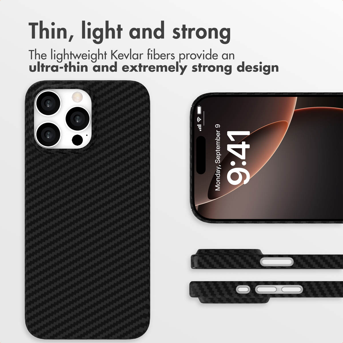Funda de smartphone delgada de Kevlar negro con patrón que muestra vistas frontal, trasera y lateral.
