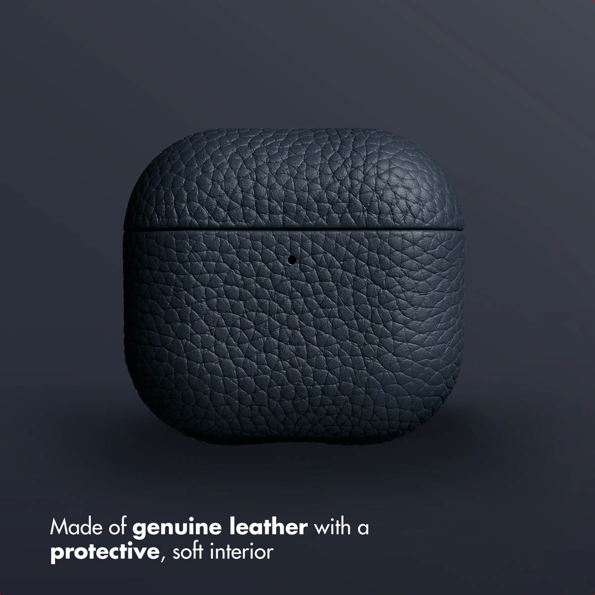 Estuche para auriculares de cuero azul oscuro sobre fondo gris con texto blanco.