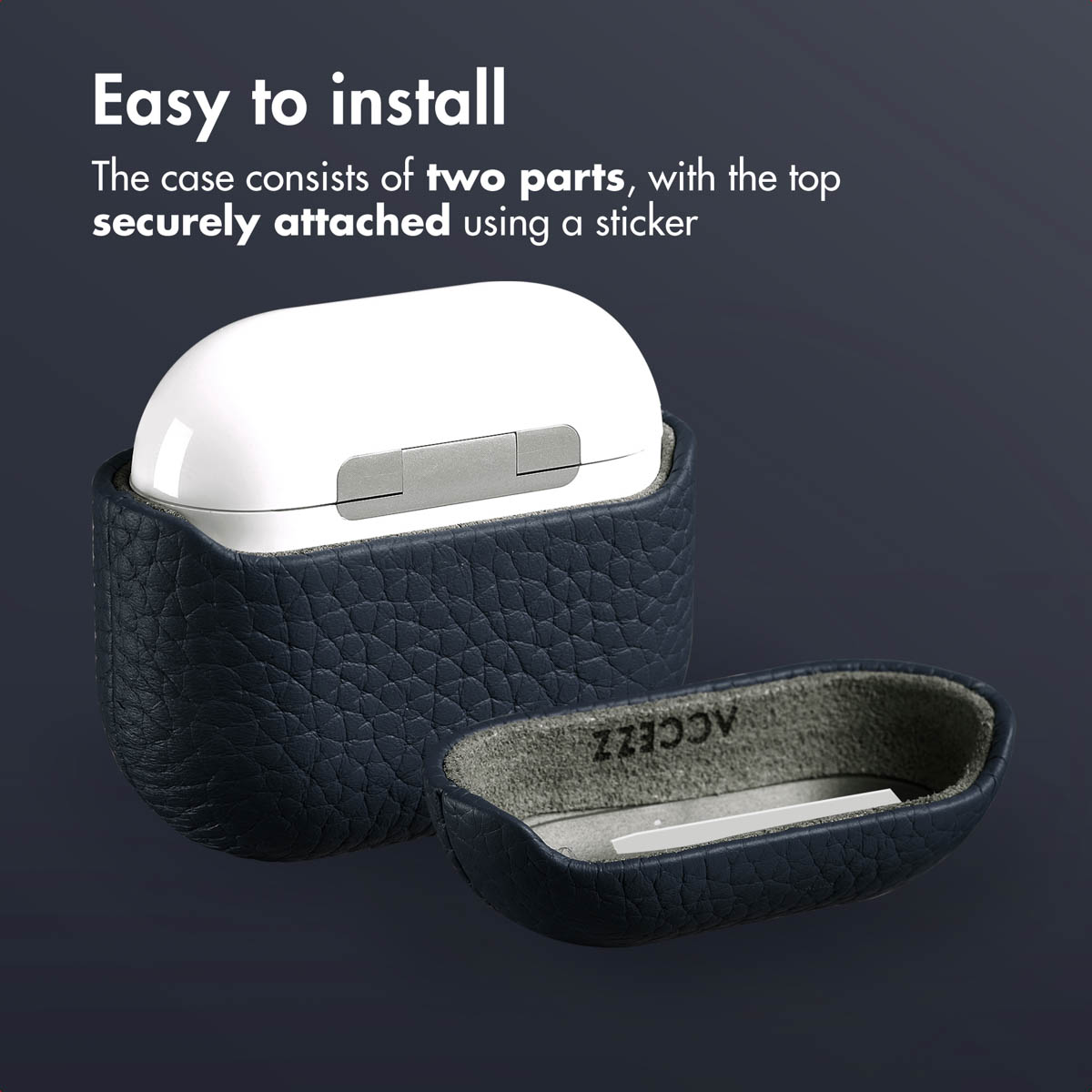 Fundas de cuero azul para AirPods en dos partes con adhesivo.