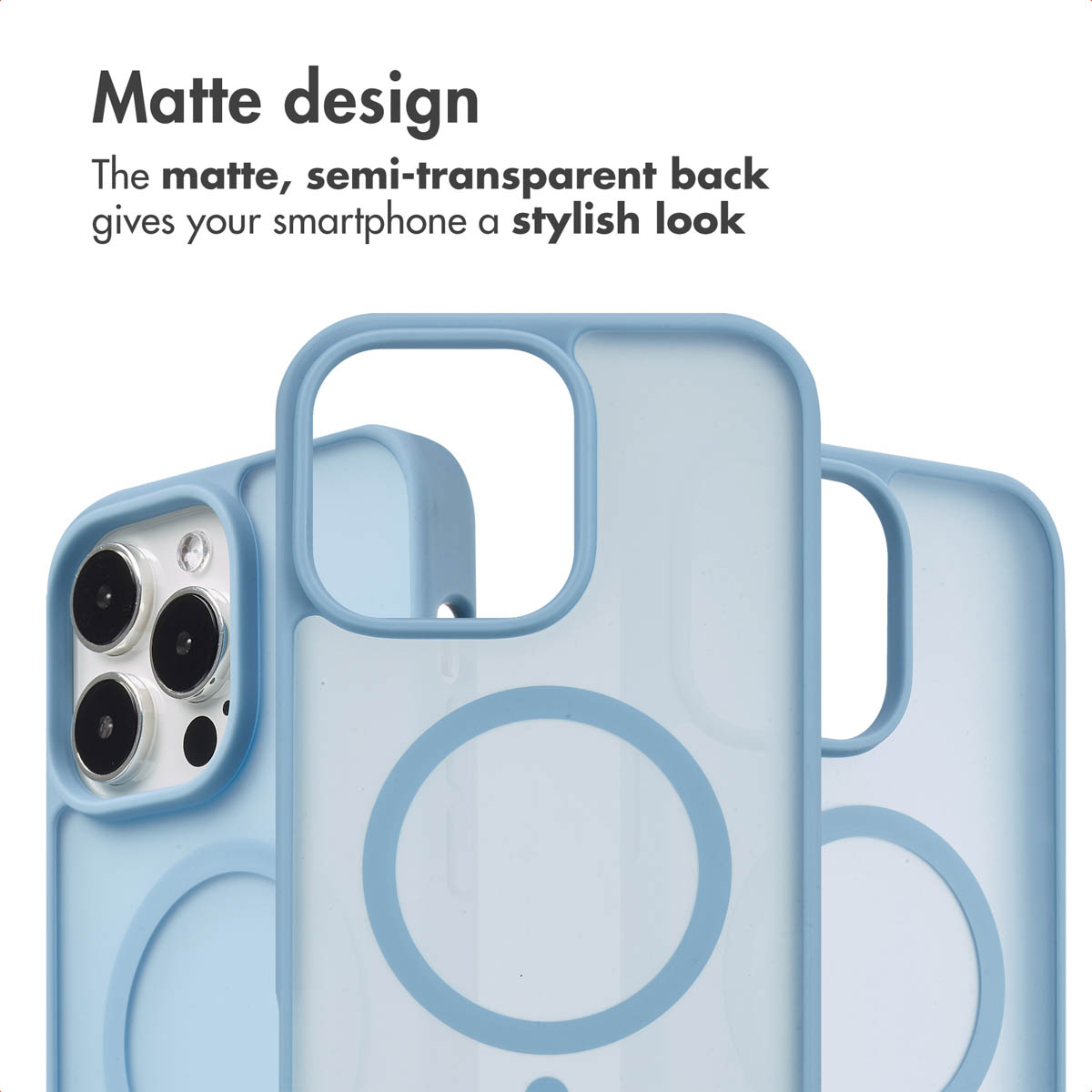 Drei hellblaue Smartphone-Hüllen mit mattem, halbdurchsichtigem Design und kreisförmigen MagSafe-Markierungen.