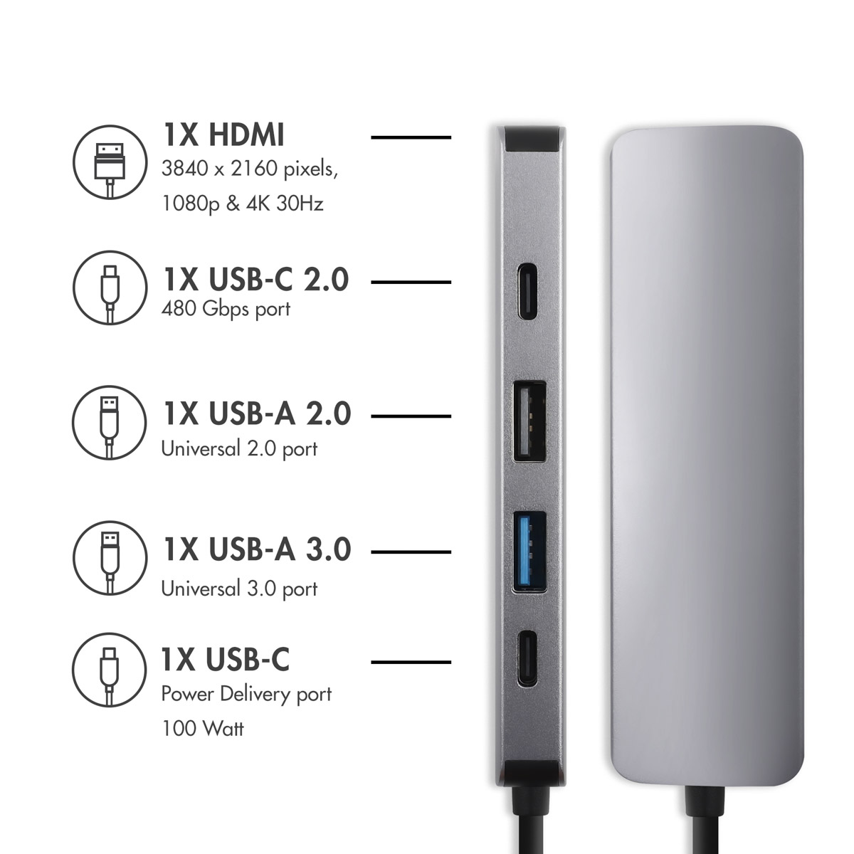 Grauer USB-C-Hub mit HDMI, USB-C- und USB-A-Anschlüssen sowie Leistungsdaten.