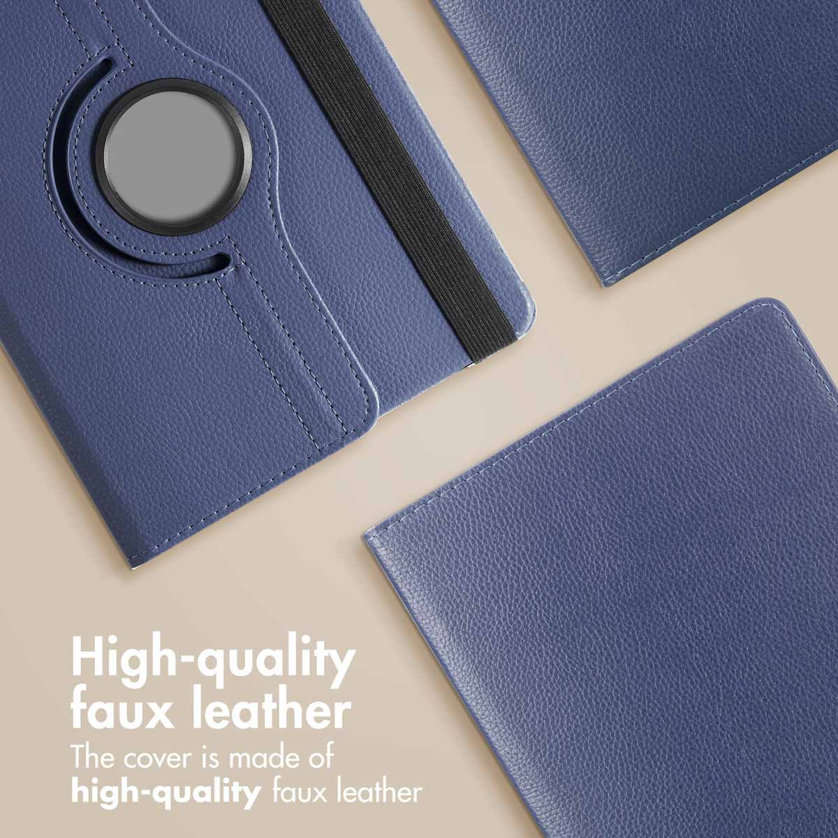 Blue faux leather tablet covers on a beige background, with text.
