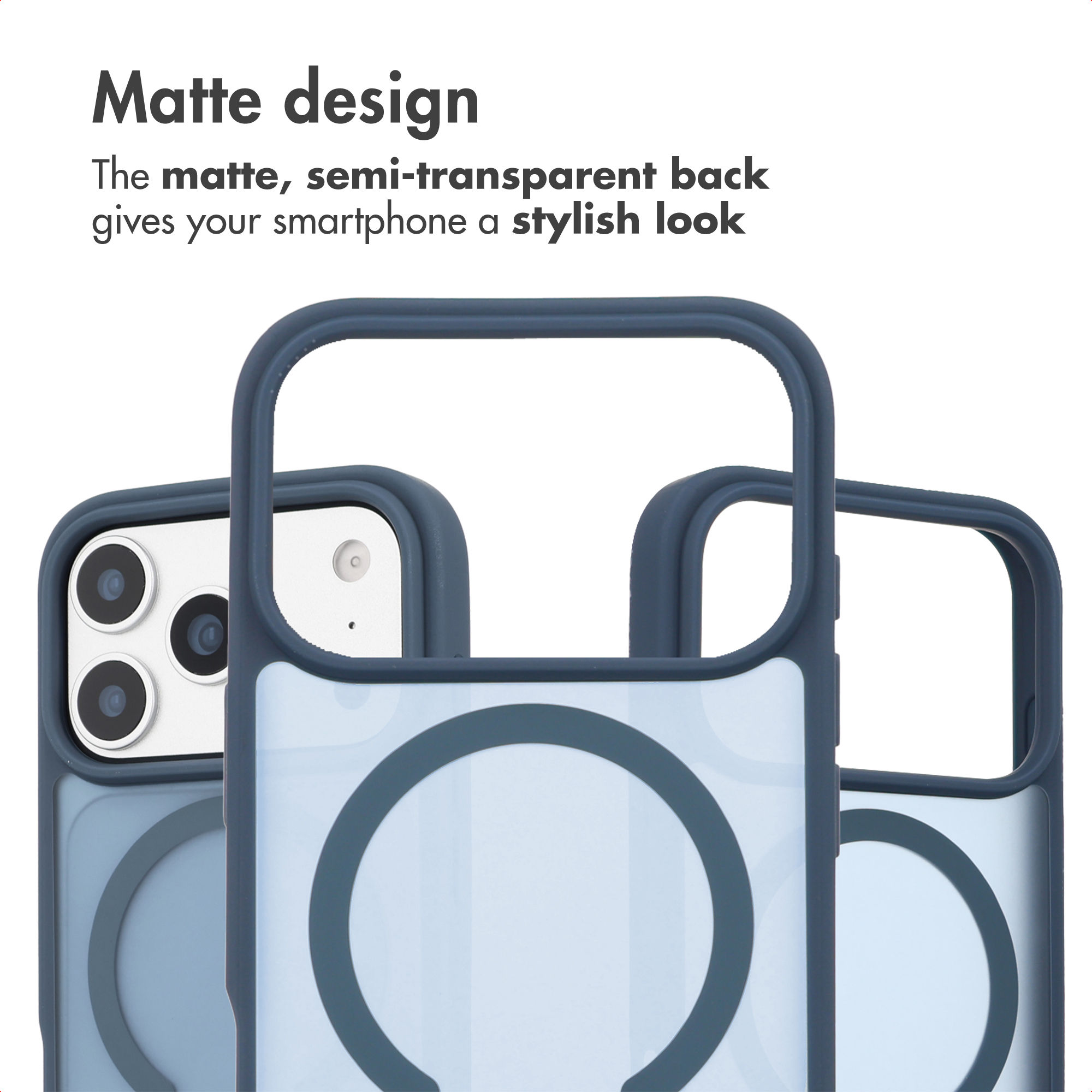 Three smartphones with dark blue matte cases featuring semi-transparent backs and circular magnetic rings.