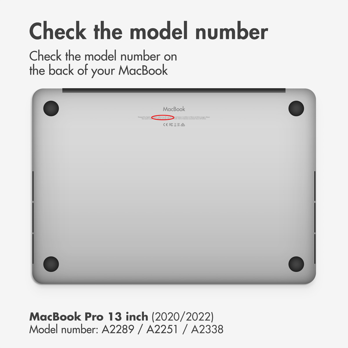 La parte inferior de un MacBook con un círculo rojo que destaca el número de modelo.