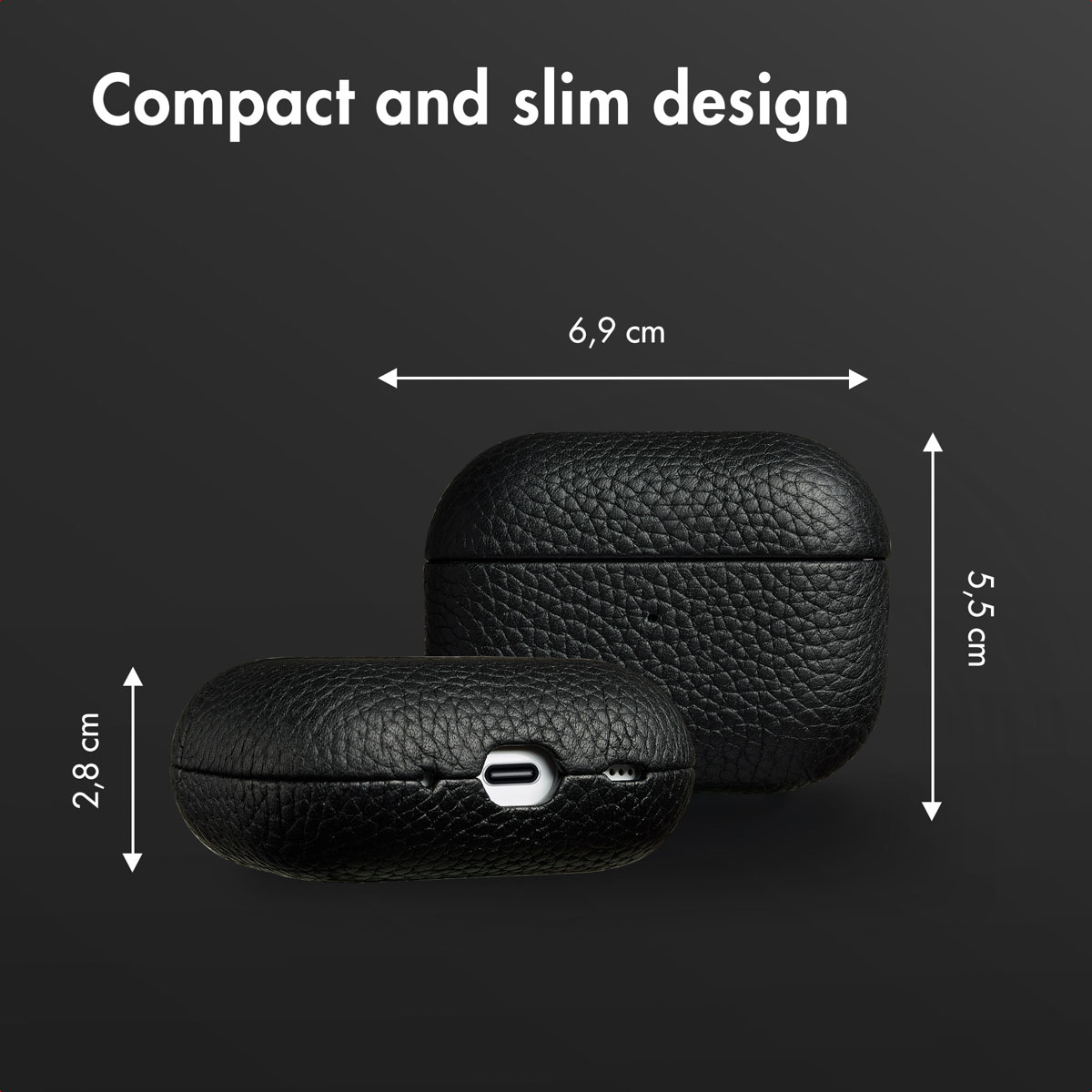 Funda de cuero negro para AirPods con dimensiones de 6,9 x 5,5 x 2,8 cm.