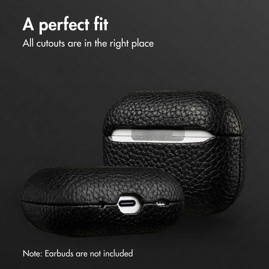 Estuche de cuero negro para AirPods con recortes precisos sobre fondo oscuro.