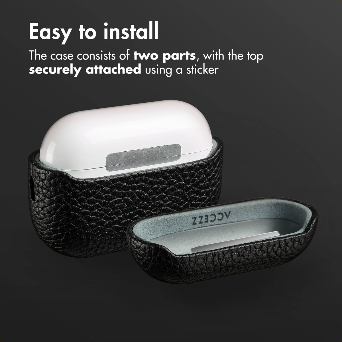Un estuche de carga AirPods blanco dentro de una funda de cuero negro de dos piezas sobre un fondo negro.