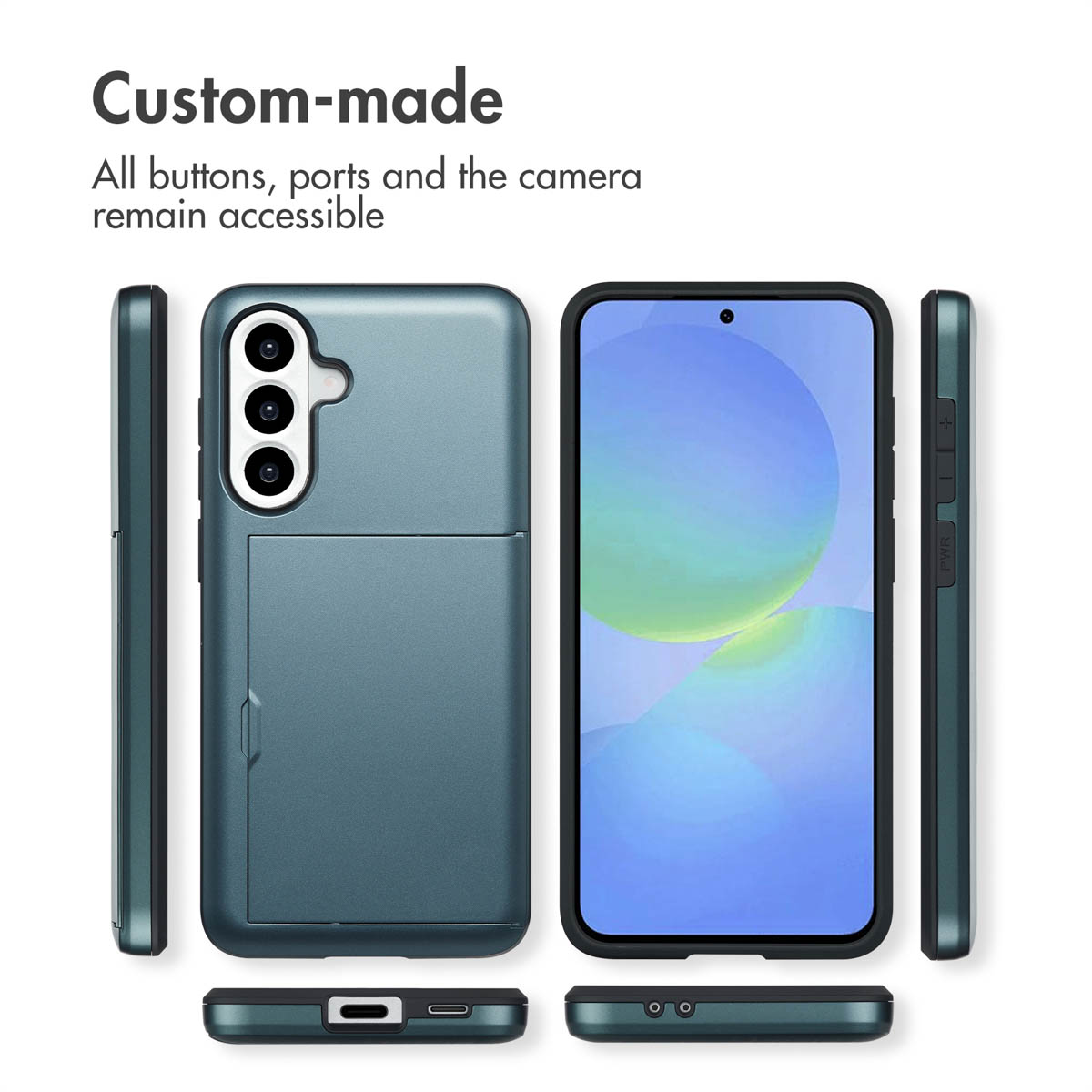 Un smartphone bleu sous plusieurs angles montrant sa coque, son appareil photo et ses ports avec du texte.