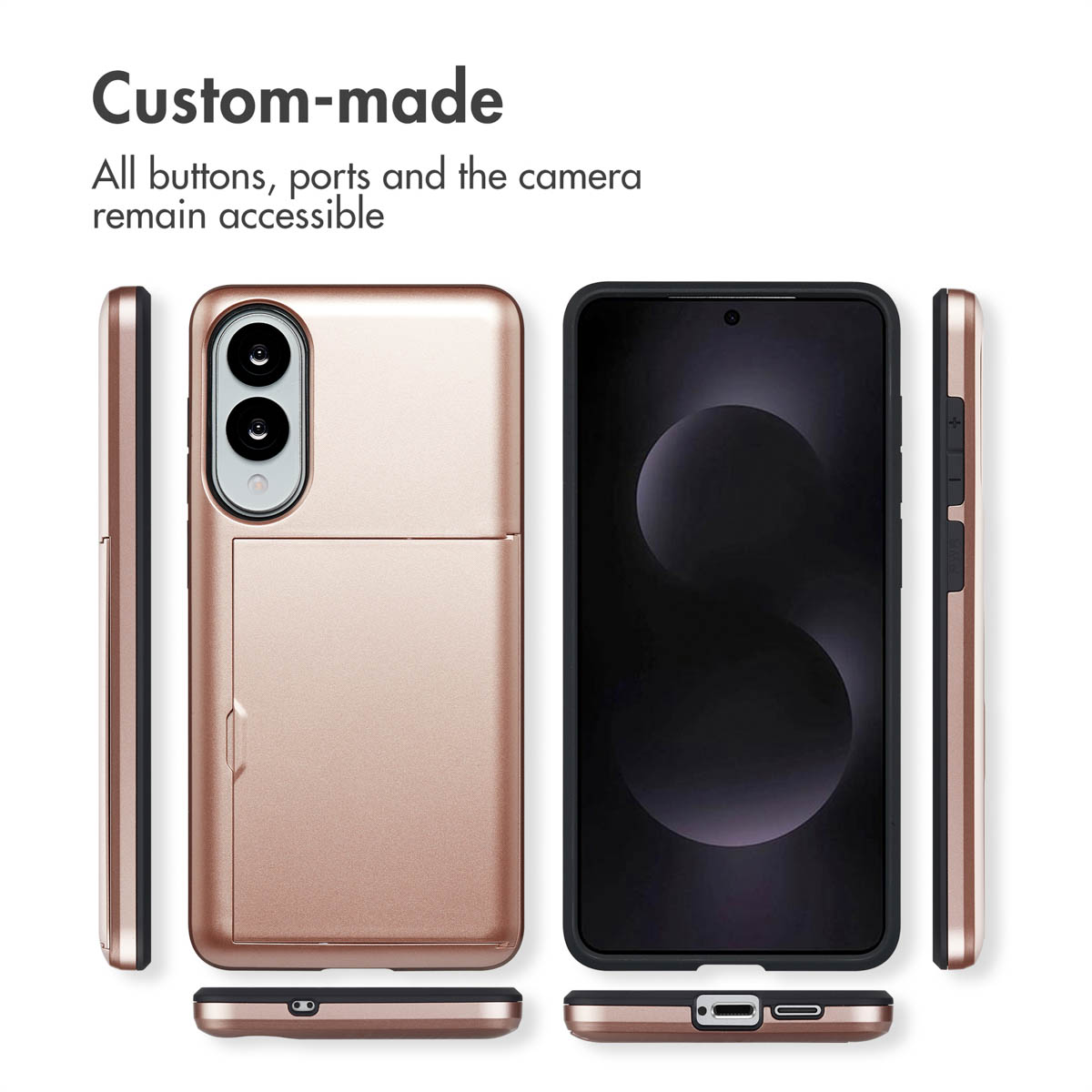 Funda de teléfono de oro rosa con tarjetero que muestra botones, puertos y cámara accesibles.