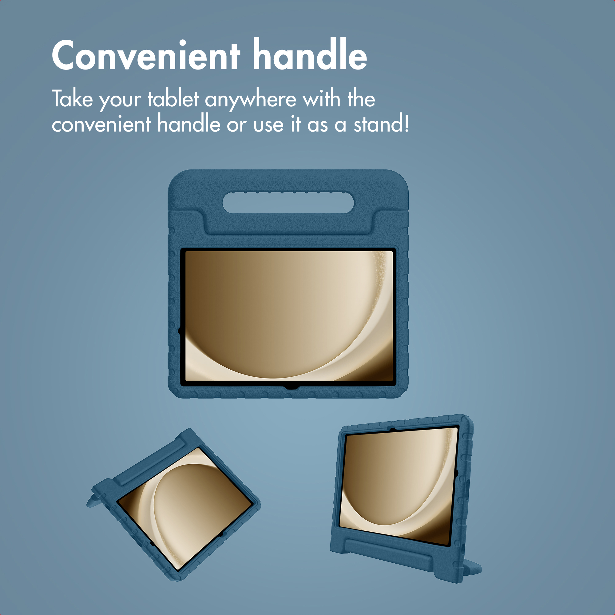 A blue tablet case with a handle that doubles as a stand, shown from three different angles.