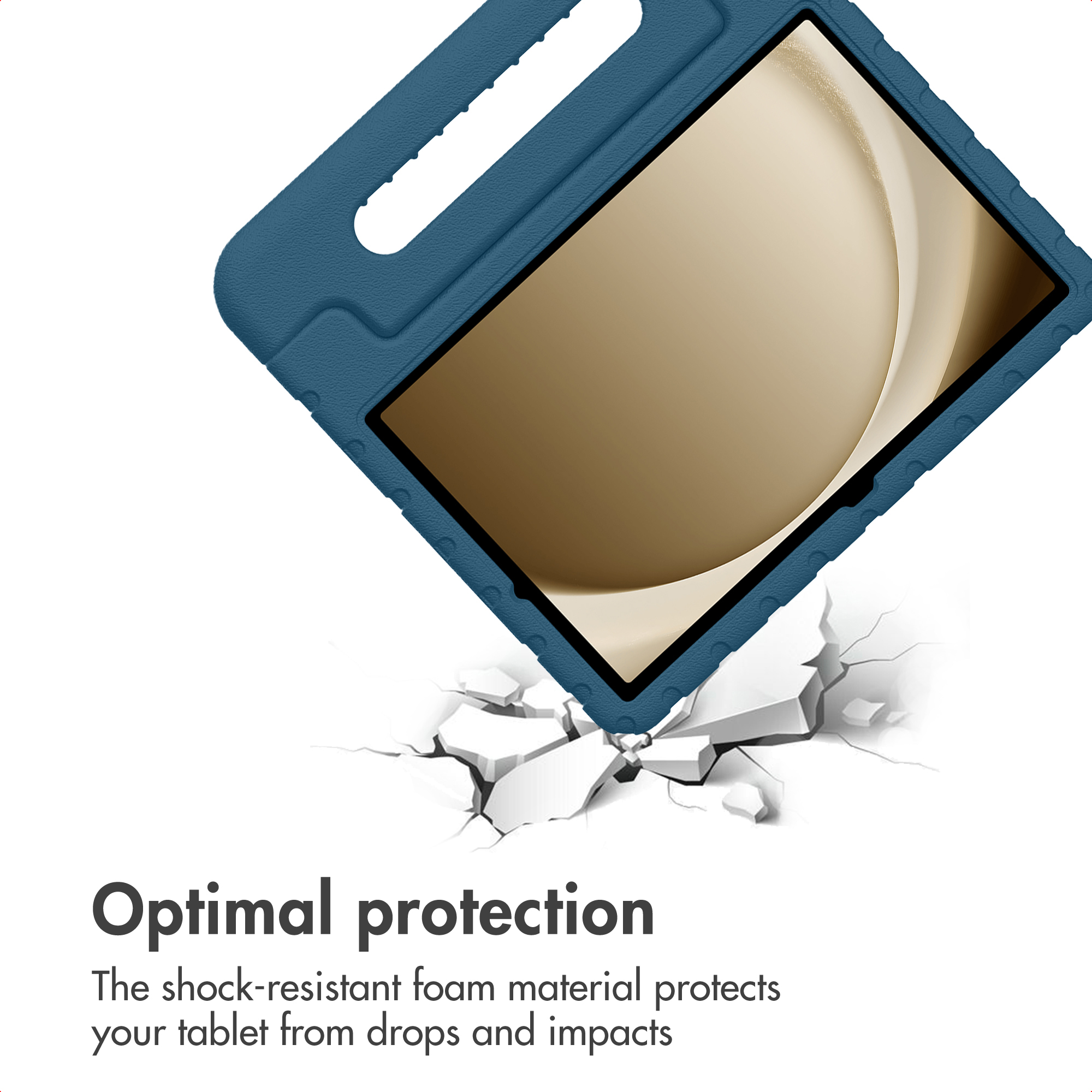 A tablet in a blue protective case hovers over a cracked white floor, with text below about optimal protection.