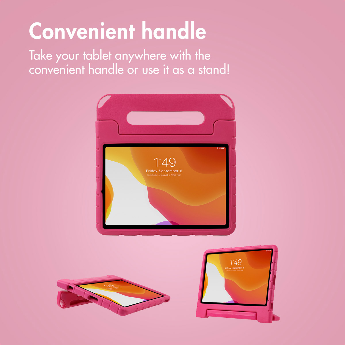A pink tablet in a protective foam case with a handle that converts to a stand, shown against a pink background.