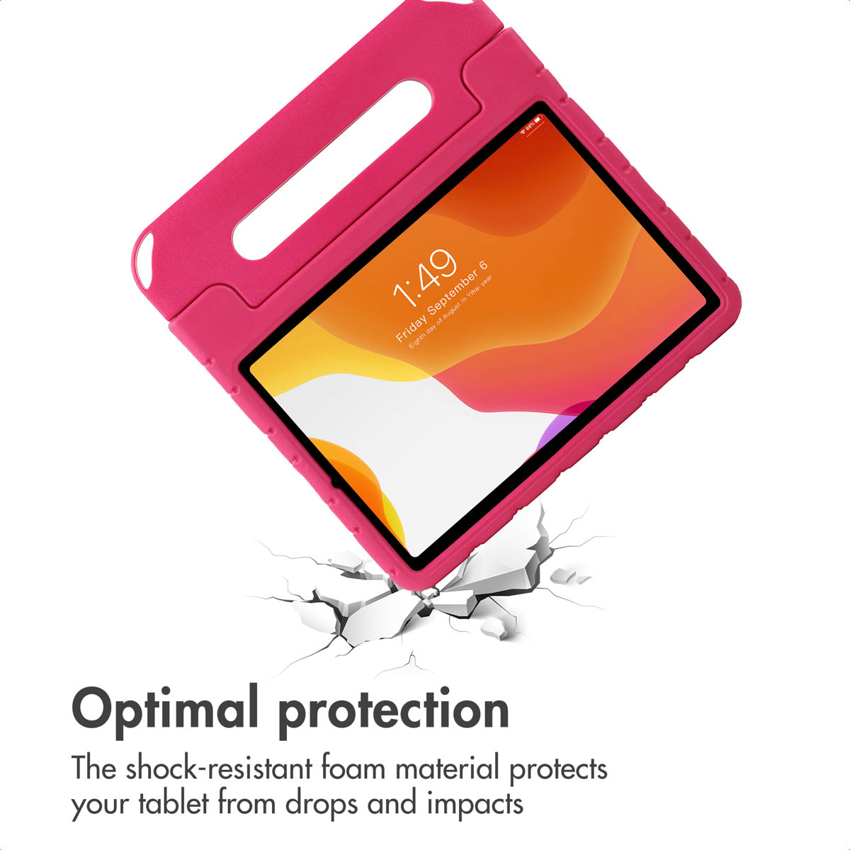 A pink tablet case with a handle over a cracked surface and text about optimal protection.