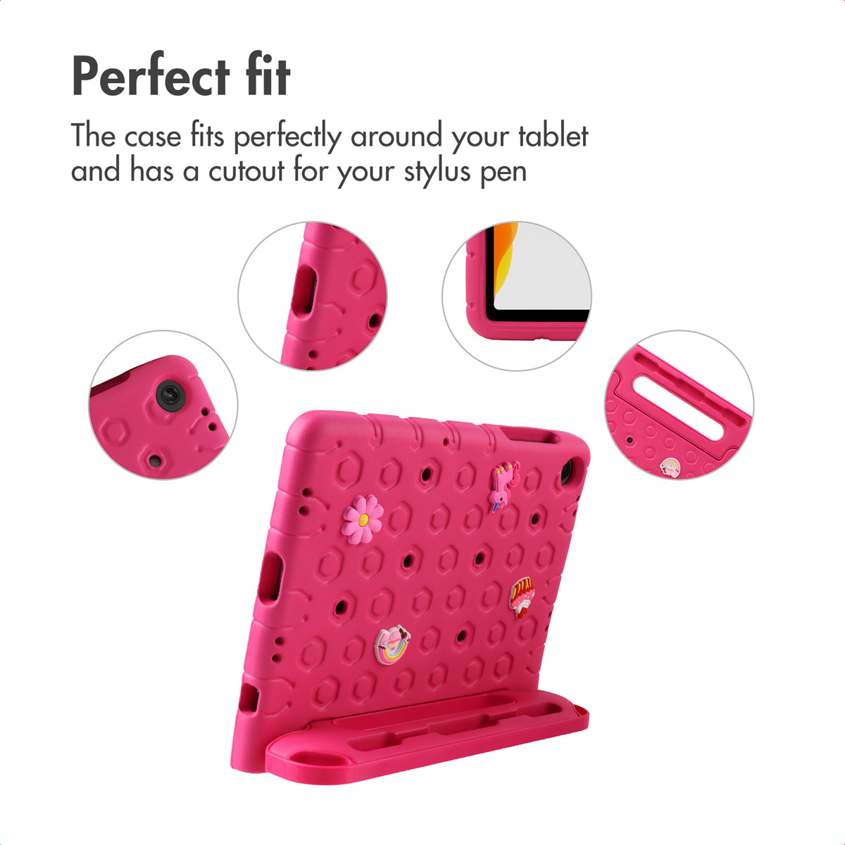 Pink tablet case with patterns, stylus holder, and four zoomed detail views of ports.