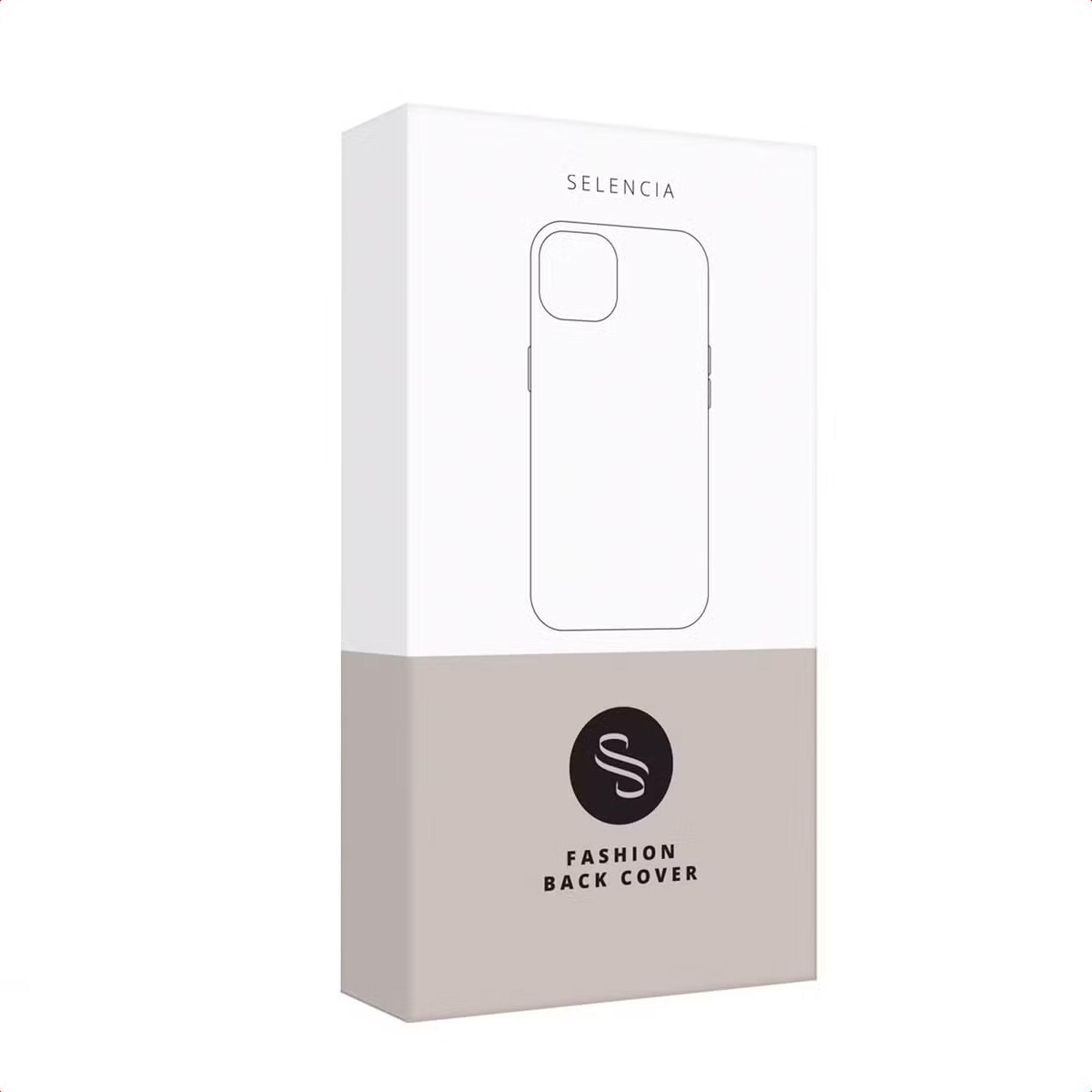 Caja de producto blanca y beige para una funda trasera Selencia, con el contorno de una funda de móvil al frente.