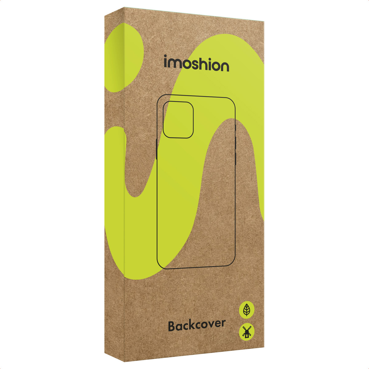 Emballage de coque de téléphone marron Imoshion avec des motifs jaunes et verts et le texte noir "Backcover".
