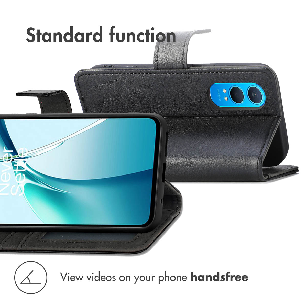 Funda de cuero negro para móvil que sirve de soporte para ver vídeos sin manos.