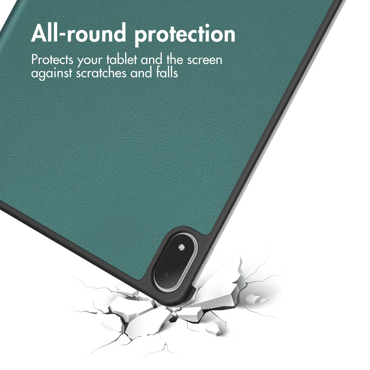 A dark green tablet case with text reading All-round protection, shown above a cracked surface.