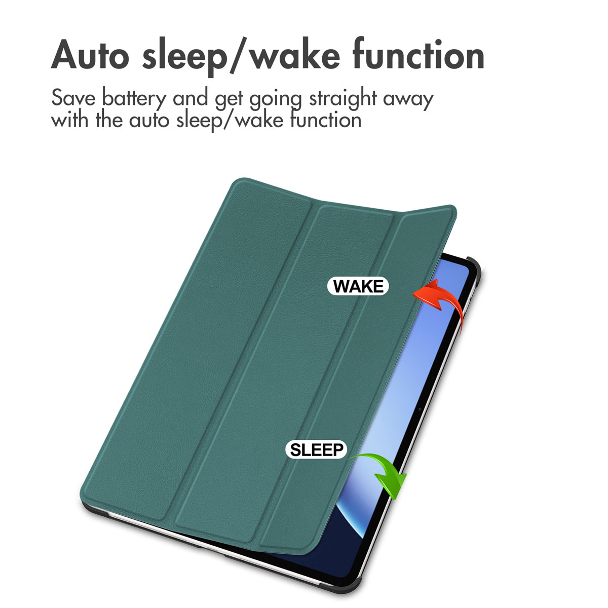 Green tablet case demonstrating the auto sleep/wake function with arrows.
